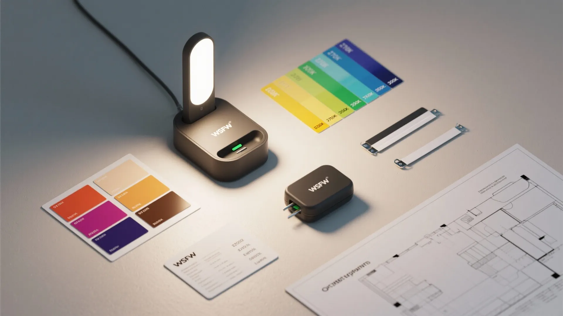 Interior design drawing with portable light fixture color swatches and business card on a table top