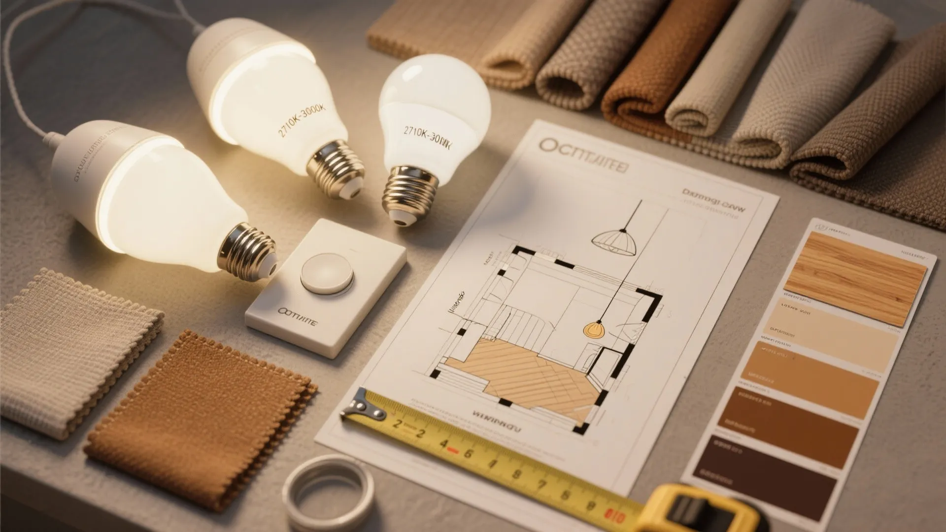 Interior design plan with light bulbs fabric swatches color samples a ruler and dimming switch