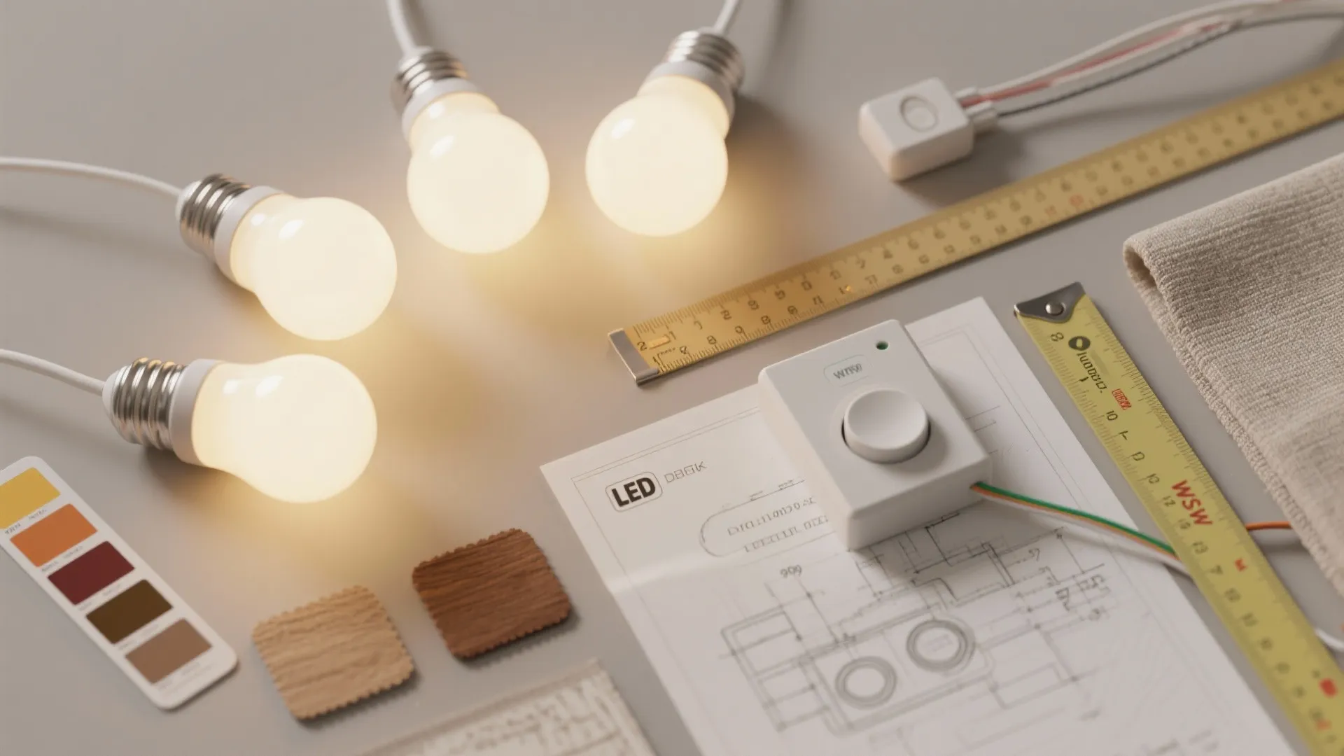 Flatlay of warm LED color chips, dimmer switch, tape measure and wiring sketch for dining lighting planning.