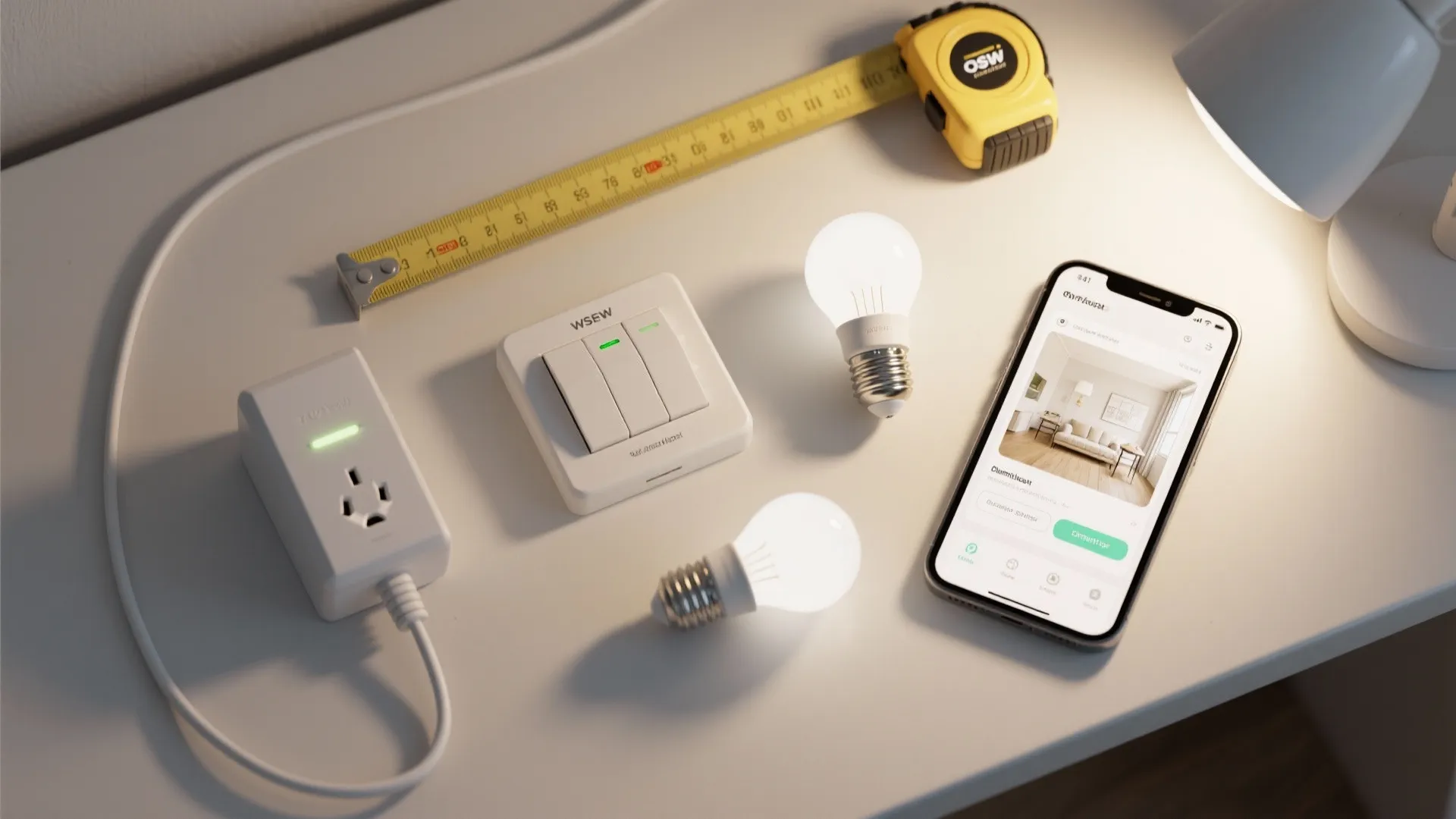 Flatlay of dimmer switches, LED bulbs, plug-in sconce and a phone showing a room planner for quick mockups.