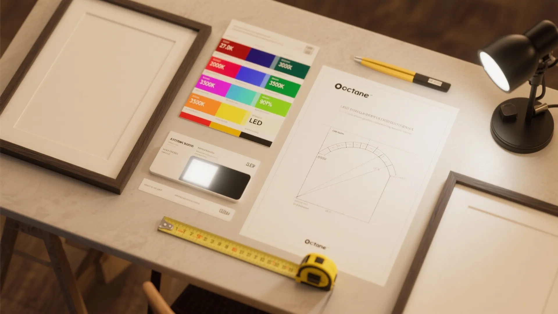 Desk with color chart papers, tape measure, yellow pen, desk lamp, and empty picture frames