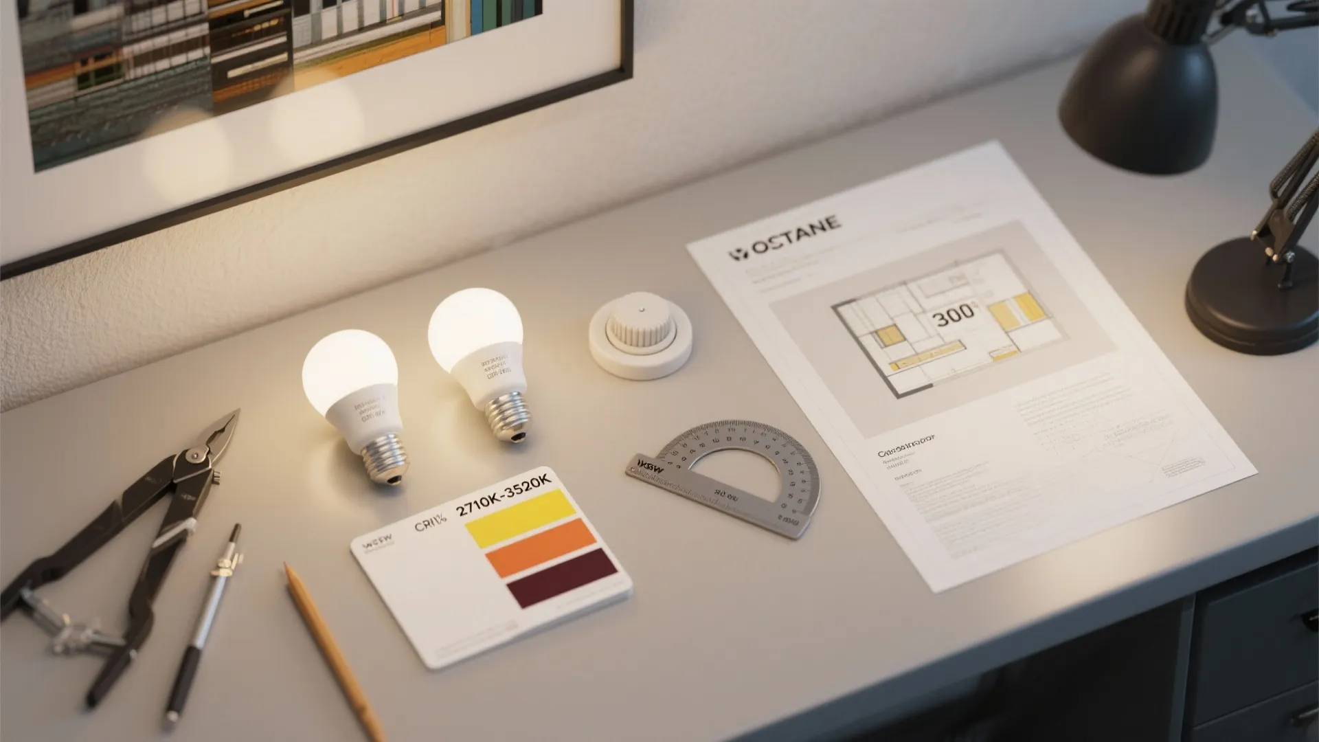 Flatlay of LED color temperature samples, CRI swatches, and an angle protractor for art lighting placement.