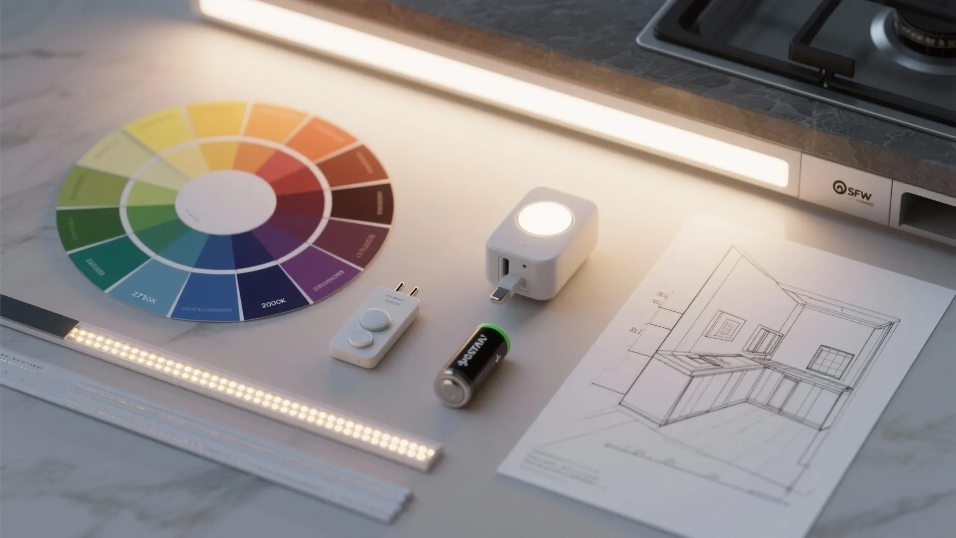 Color wheel, LED light strips, battery, and interior design drawing on a white marble stone