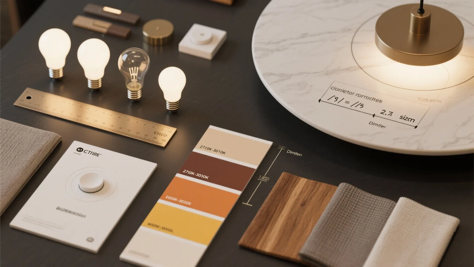 Flatlay of warm bulb samples, dimmer switch, measurement guide, and material swatches for dining lighting