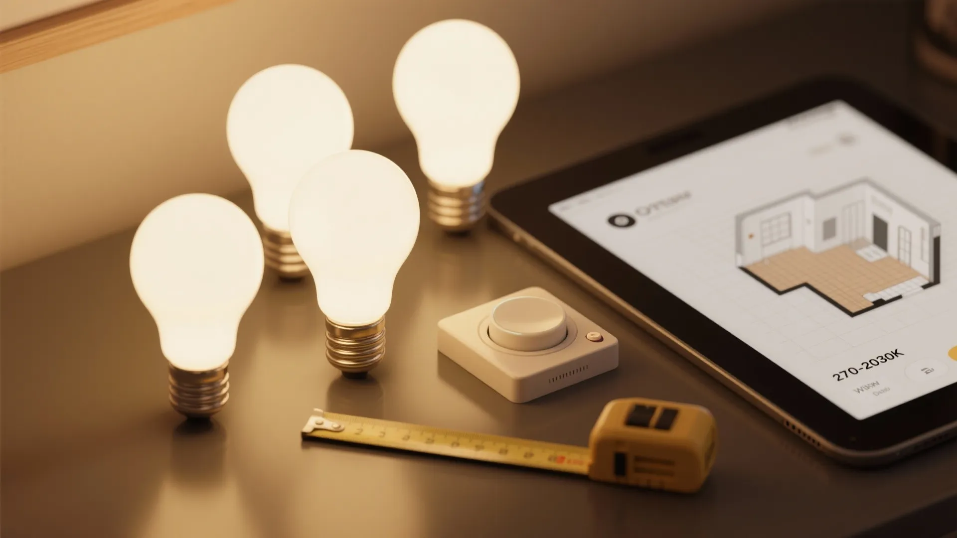 Four glowing light bulbs beside dimmer switch tape measure and tablet showing interior room layout