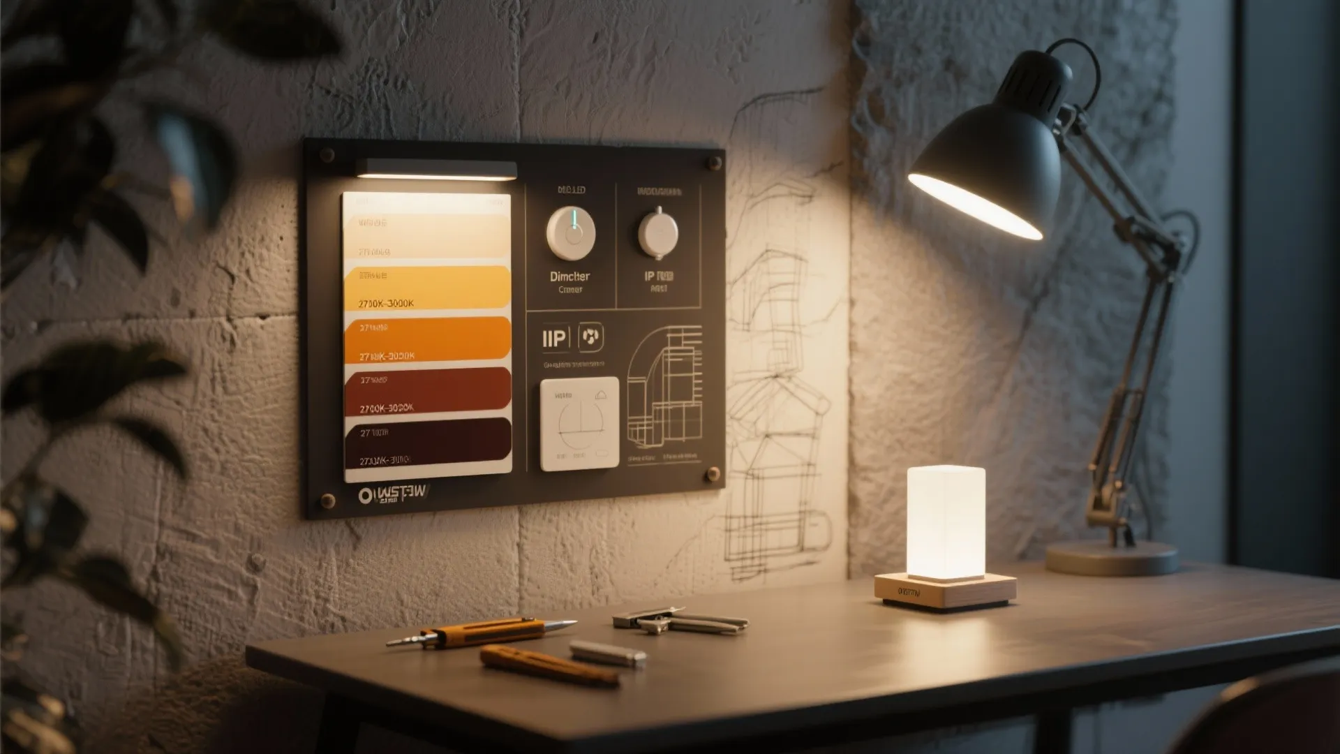 Interior design moodboard with color samples, light fixture controls, and desk lamp on a table