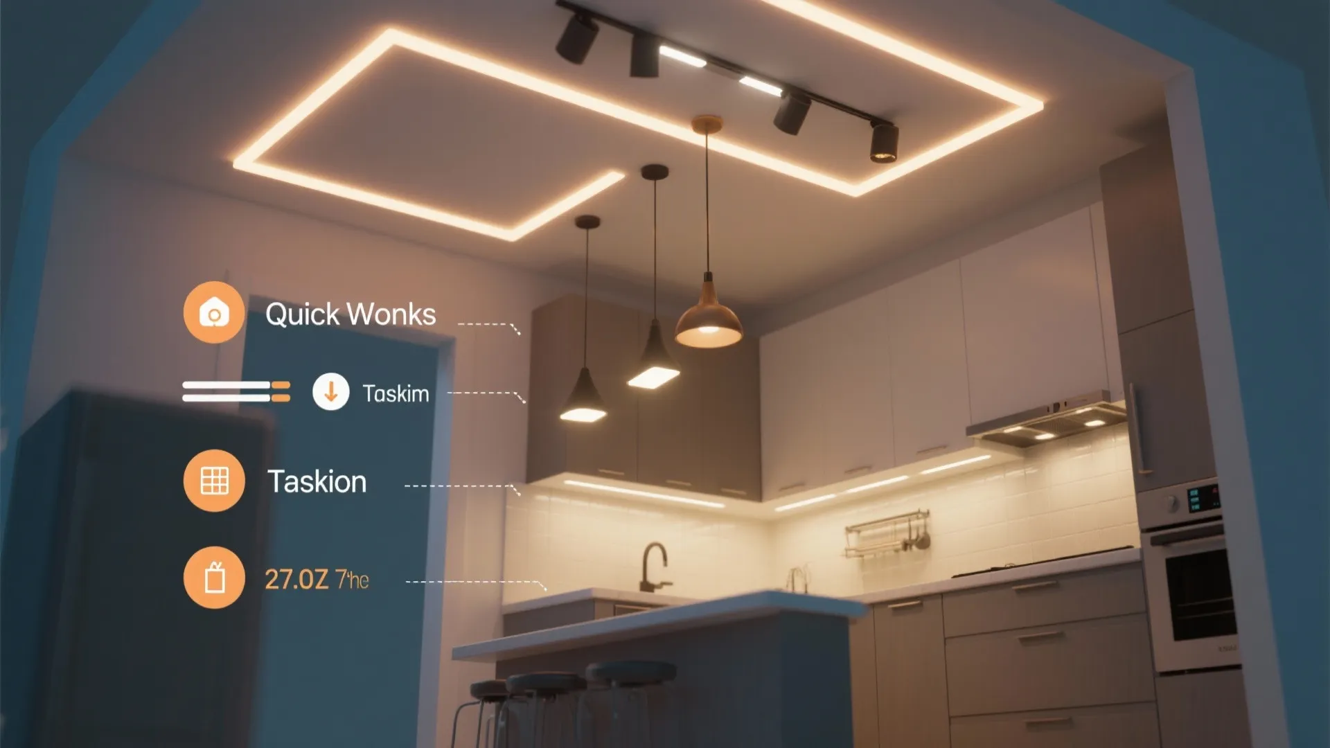 Interior design drawing of a kitchen showing ceiling lights track lights and under cabinet strip lighting