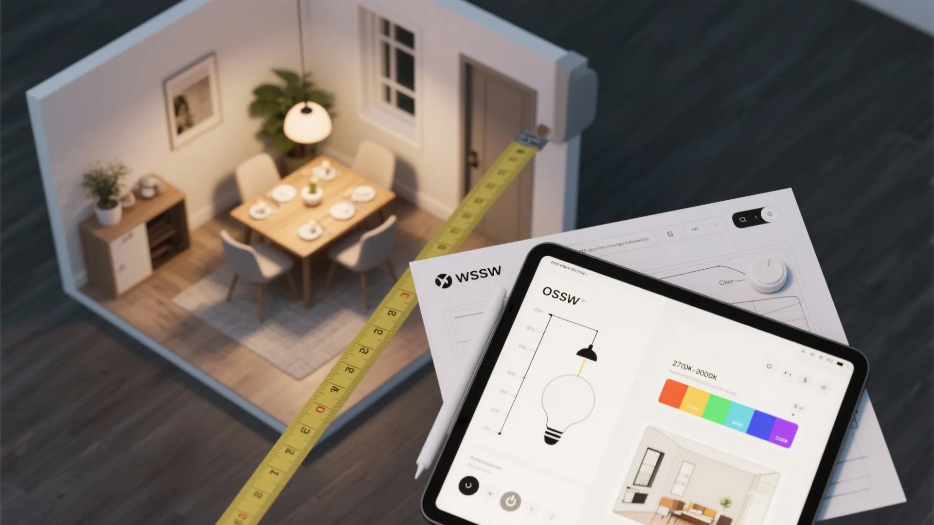 A tablet and measuring tape showing lighting plans for a small 3D dining room model