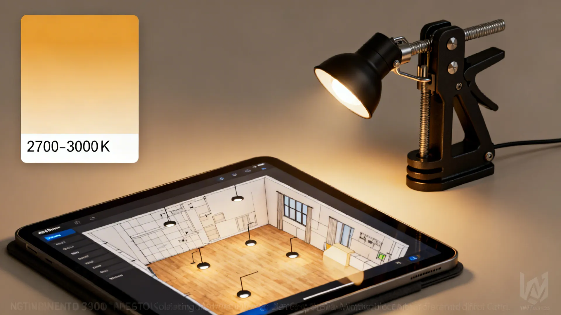 Warm color temperature swatch, tablet with 3D floor planner, and a clamp lamp used to test lighting layouts.