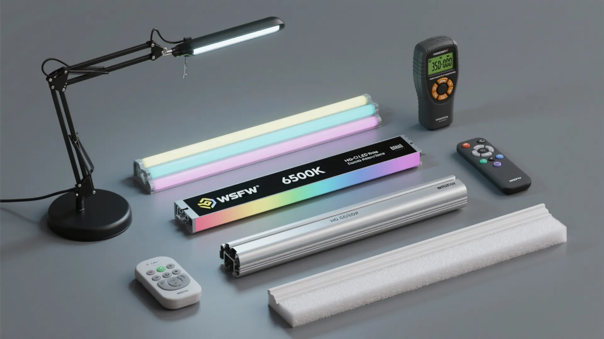 Flat lay of high-CRI LED strips, RGB diffusers, task lamp head, light meter, and smart controller.