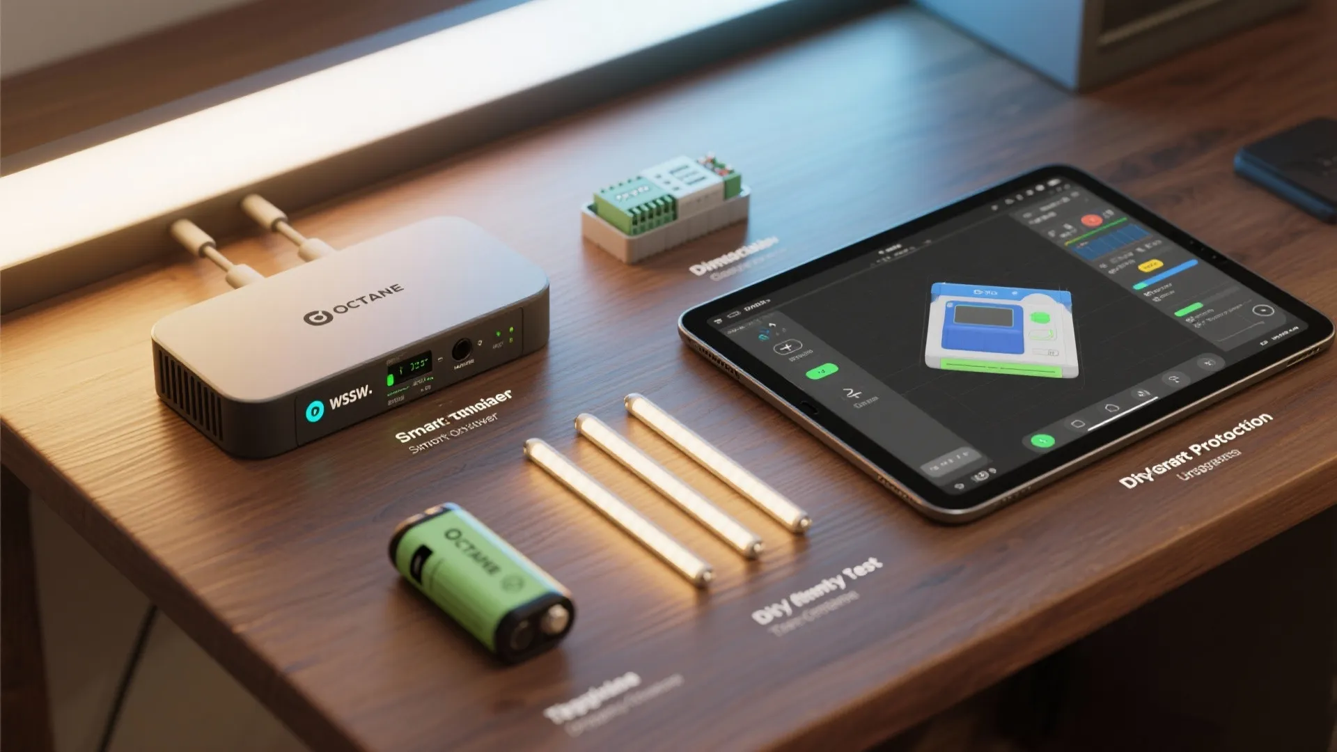 Smart controller, dimmable driver, battery test strips and tablet with 3D render tool for prototyping lighting