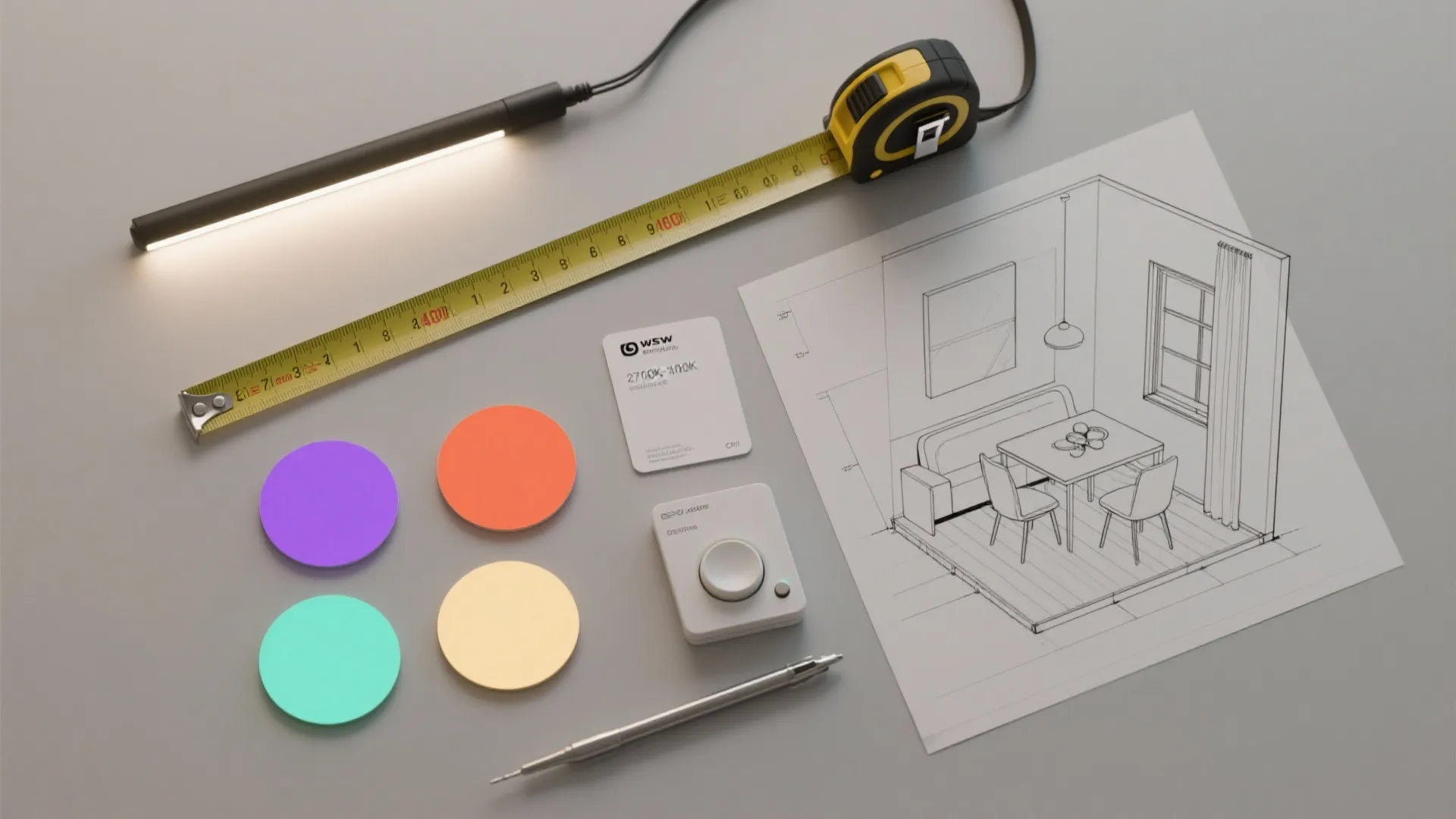 Interior design drawing with tape measure light fixture color samples pen and white control switch