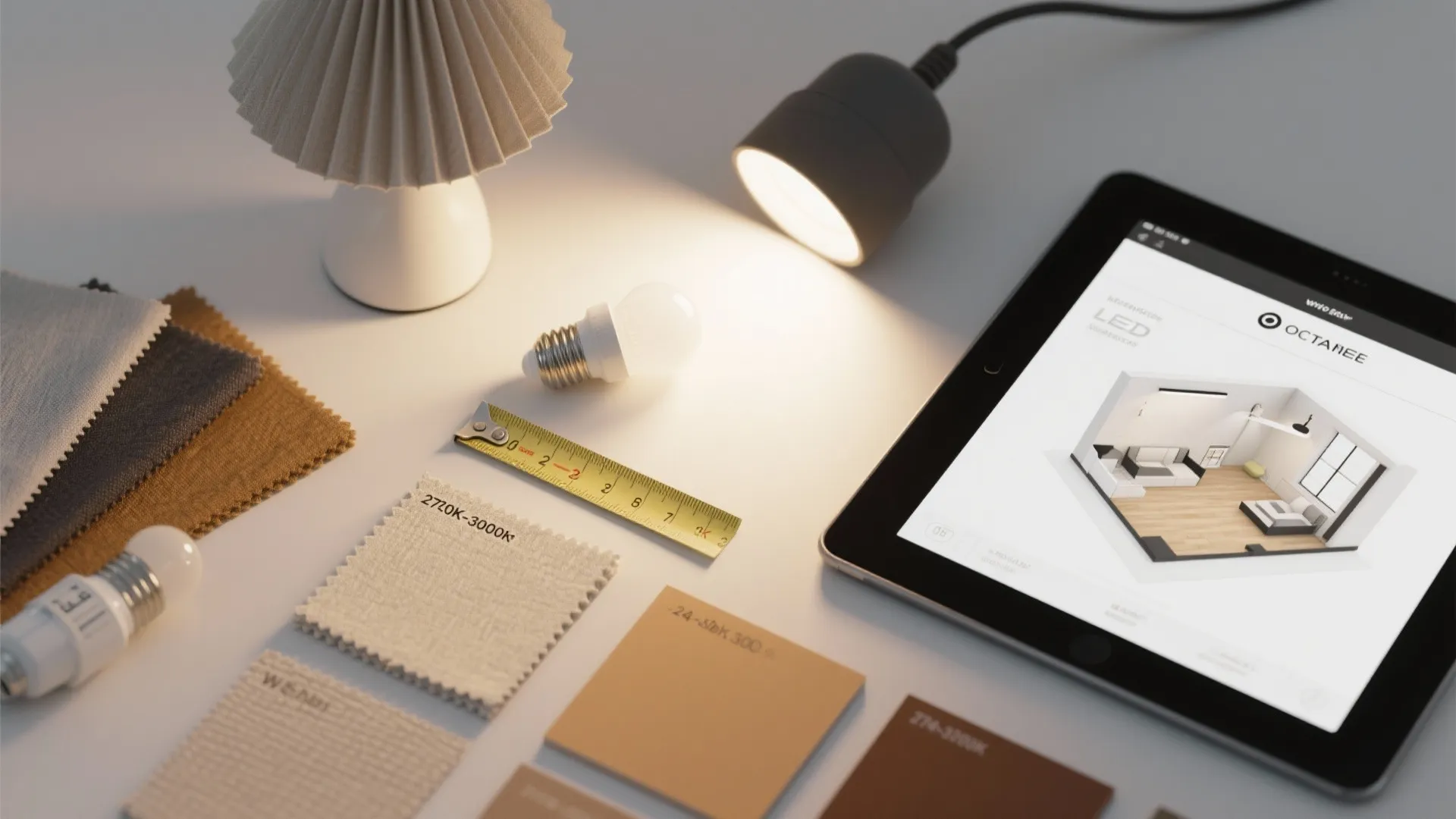 Interior design tools including fabric swatches light bulbs measuring tape and tablet showing room layout
