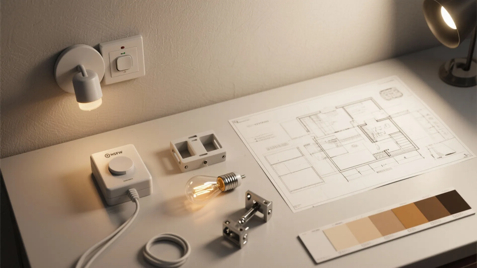 Flatlay of dimmer, plug-in sconce kit, LED bulbs and floorplan sketch for small-space lighting