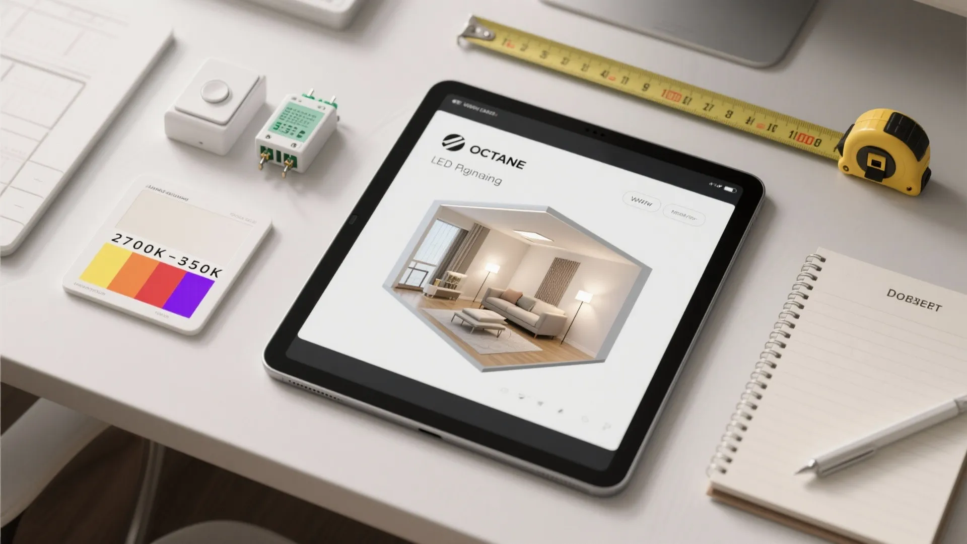 Digital tablet showing interior design drawing on desk with tape measure notebook and light controls