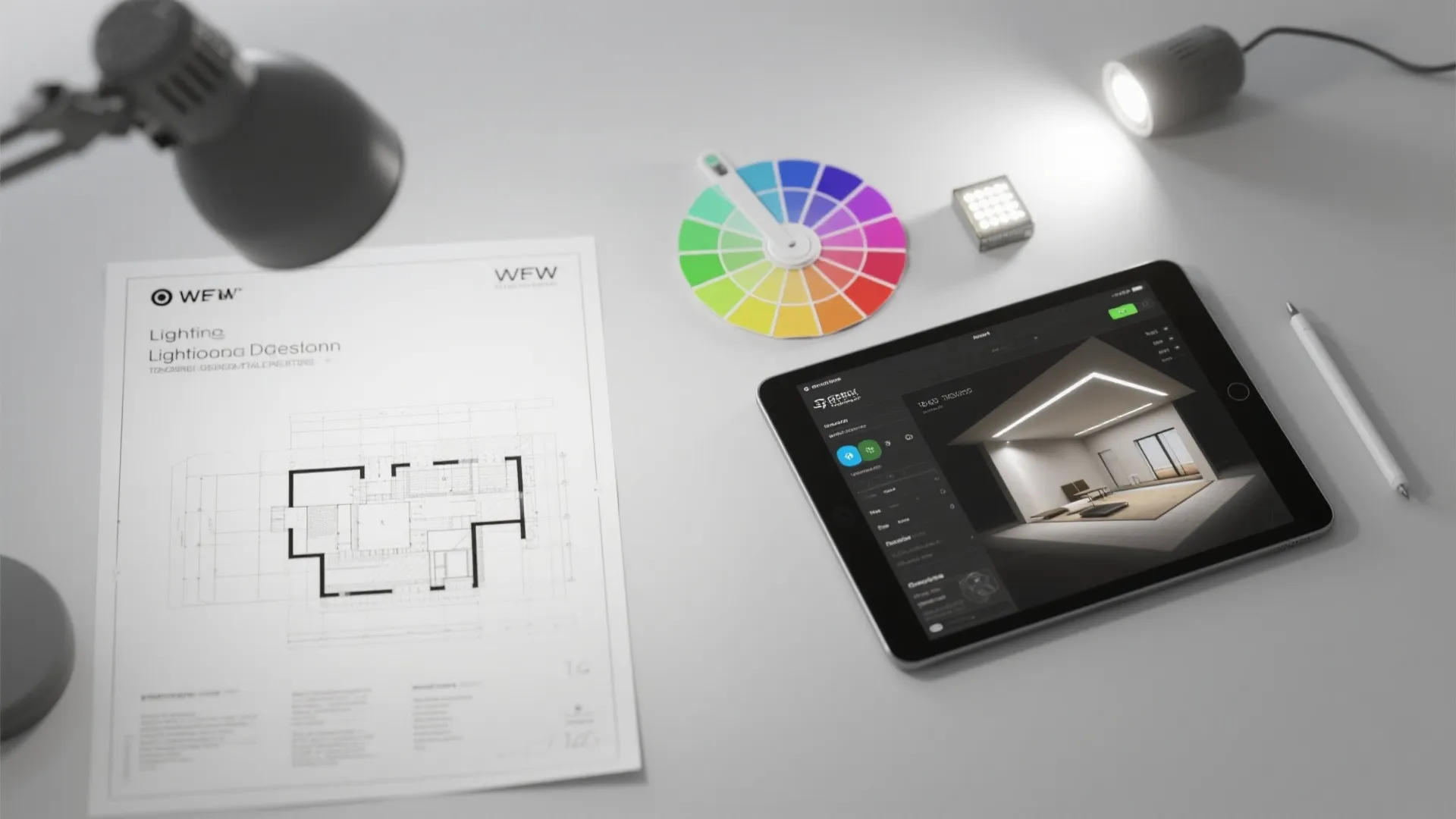 Lighting plan, color swatches, and LED samples used by a lighting designer