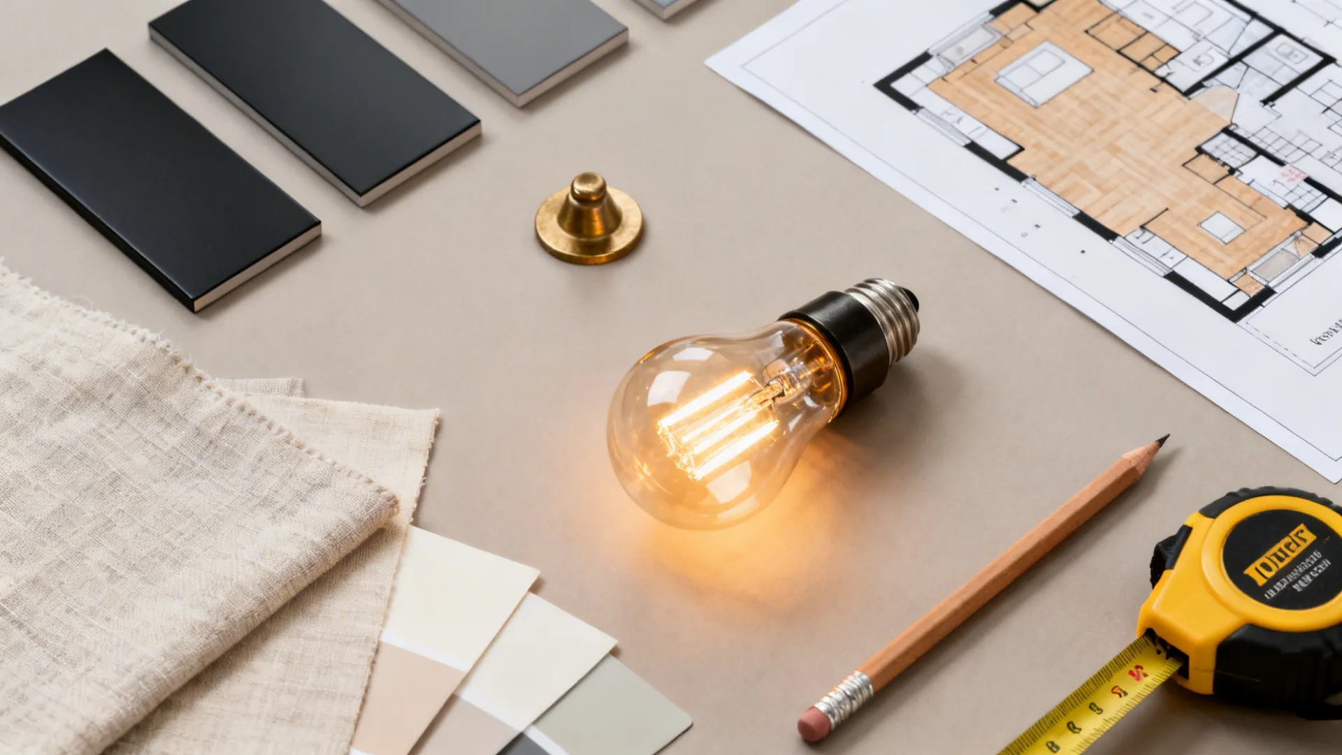 Flatlay of lighting samples, brass swatch, LED bulb and a small floorplan for lamp placement planning