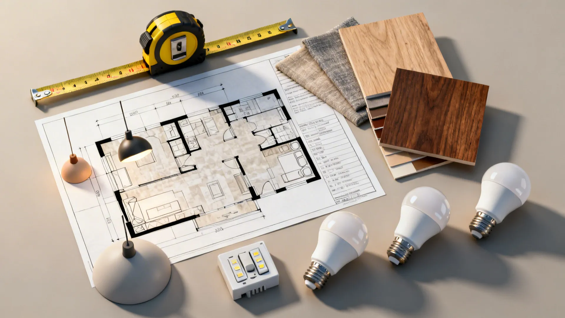 Top-down view of lighting planning tools, bulb samples, swatches and a room plan for mock-ups.