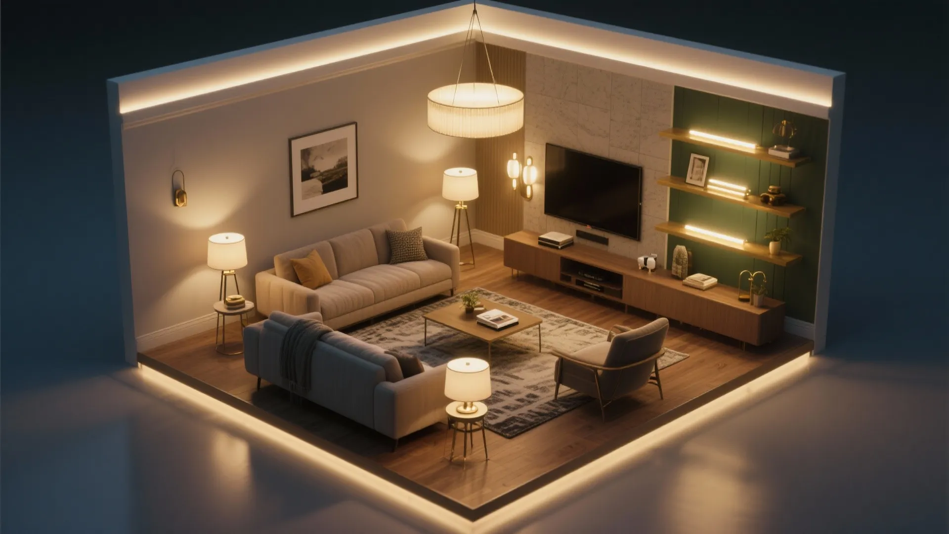 Coohom interior design drawing showing a living room with warm floor lamps and round ceiling light