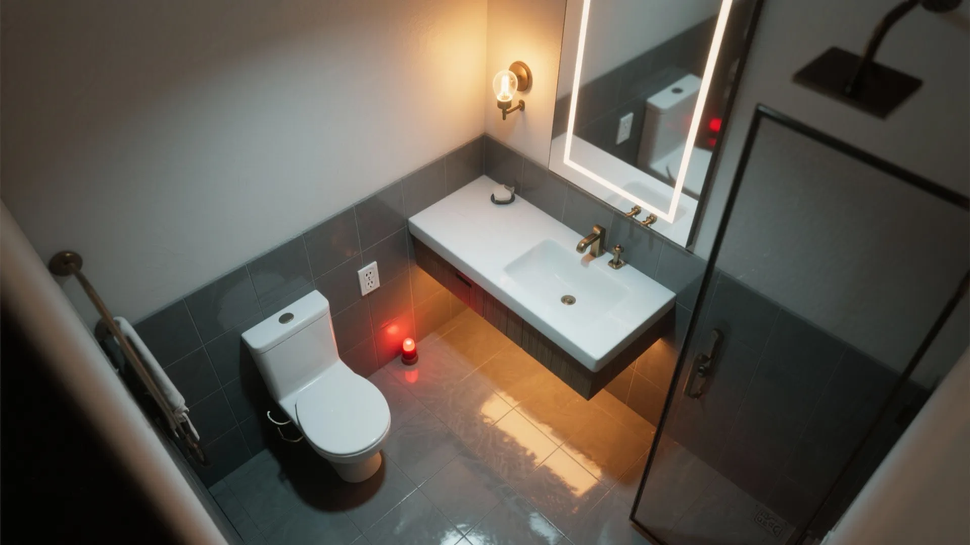 Top view of a small bathroom with white toilet and sink plus a lighted mirror
