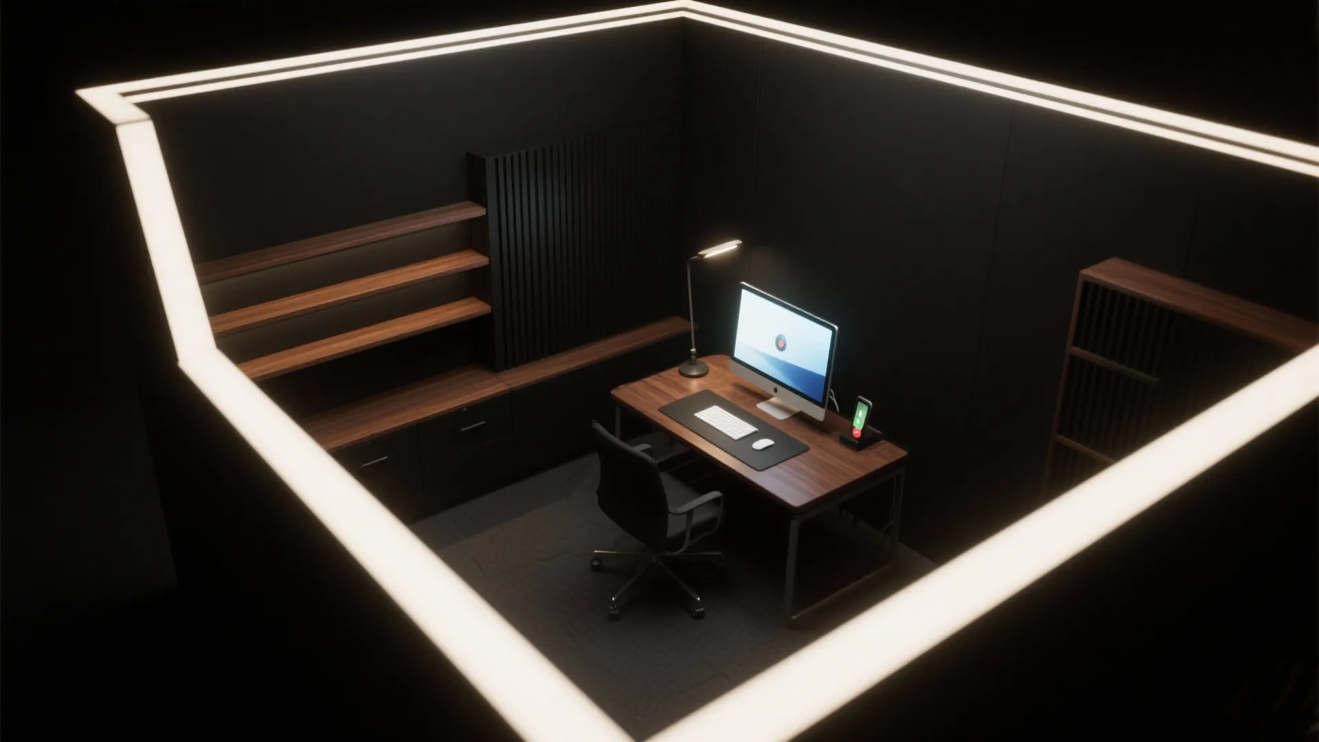 Top-down lighting layout showing cove ambient, 3000–3500K task lamp, key light for camera, and backlit shelves.