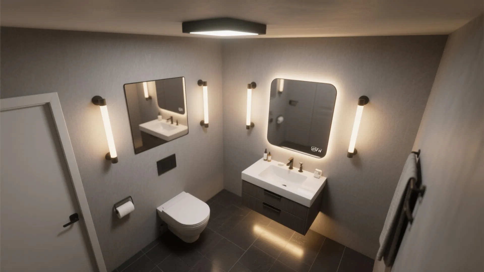 Modern bathroom with white sink, toilet, dark floor tiles, square mirrors and several wall lights