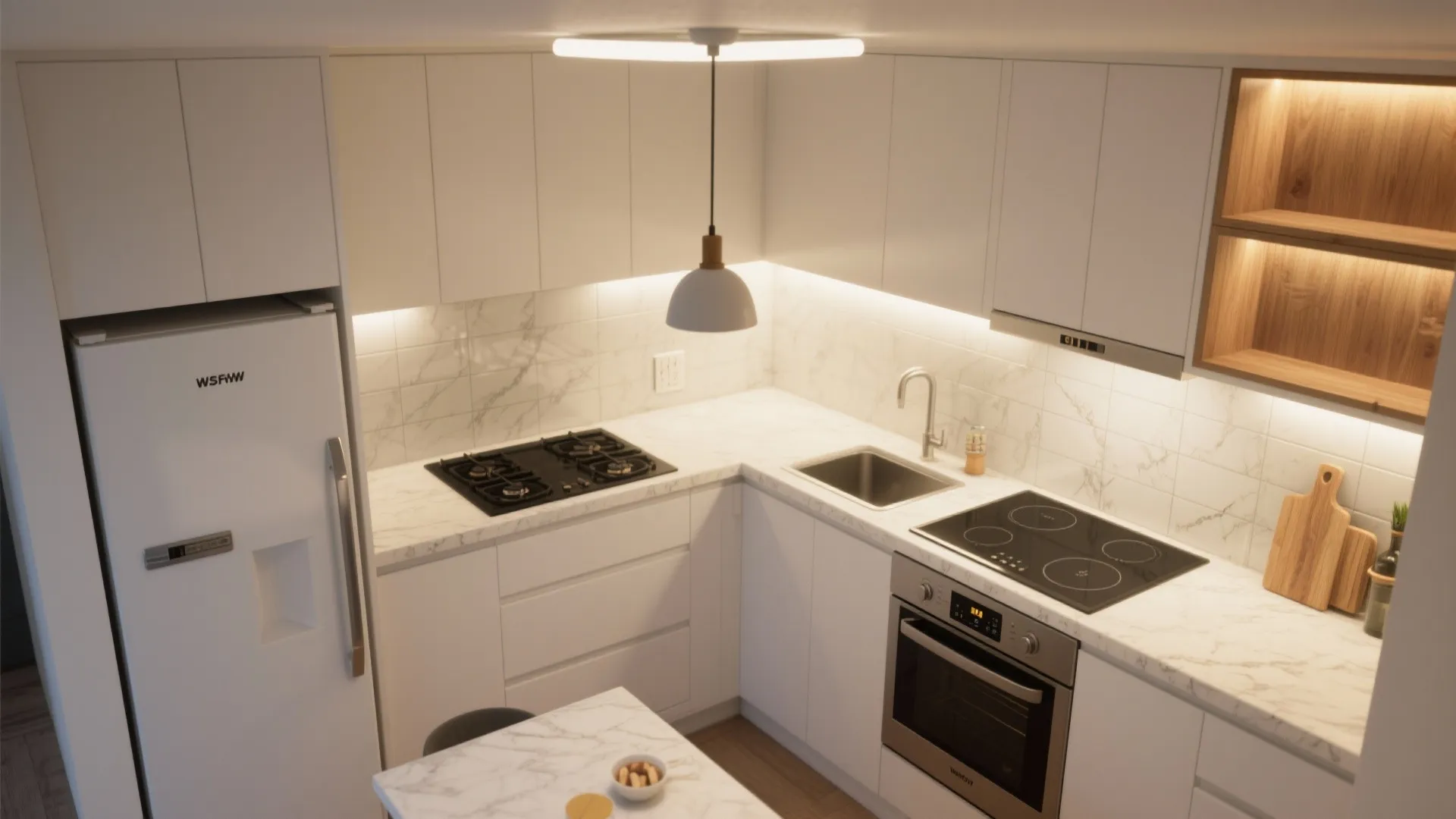 Compact Appliances + Layered Lighting