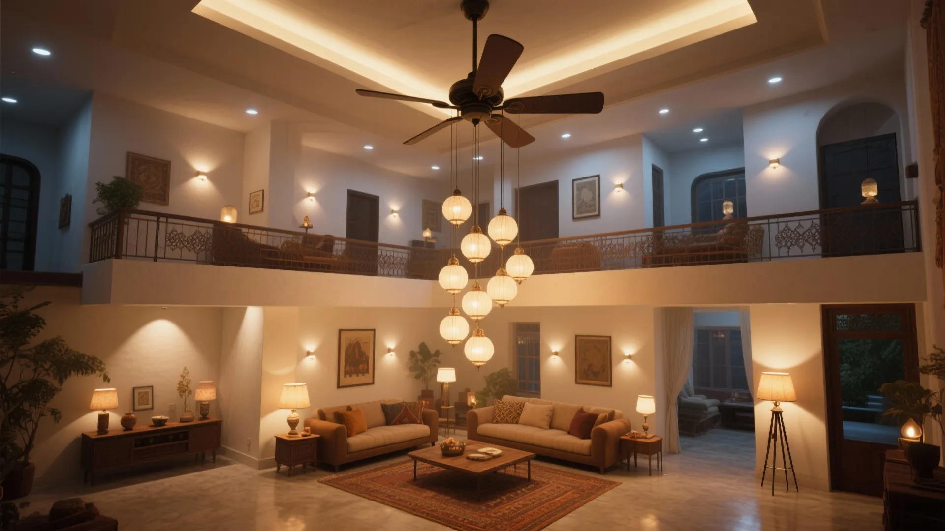 Large living room with many wall lights brown sofas a rug and big central ceiling light