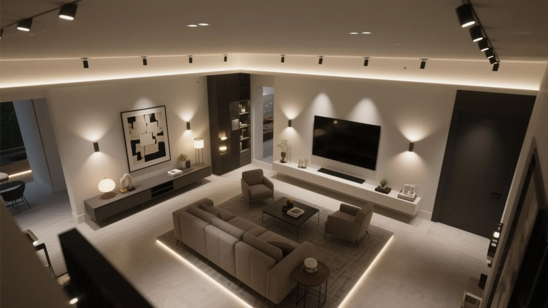 Top-down living room view showing layered lighting with cove, downlights, and wall wash.