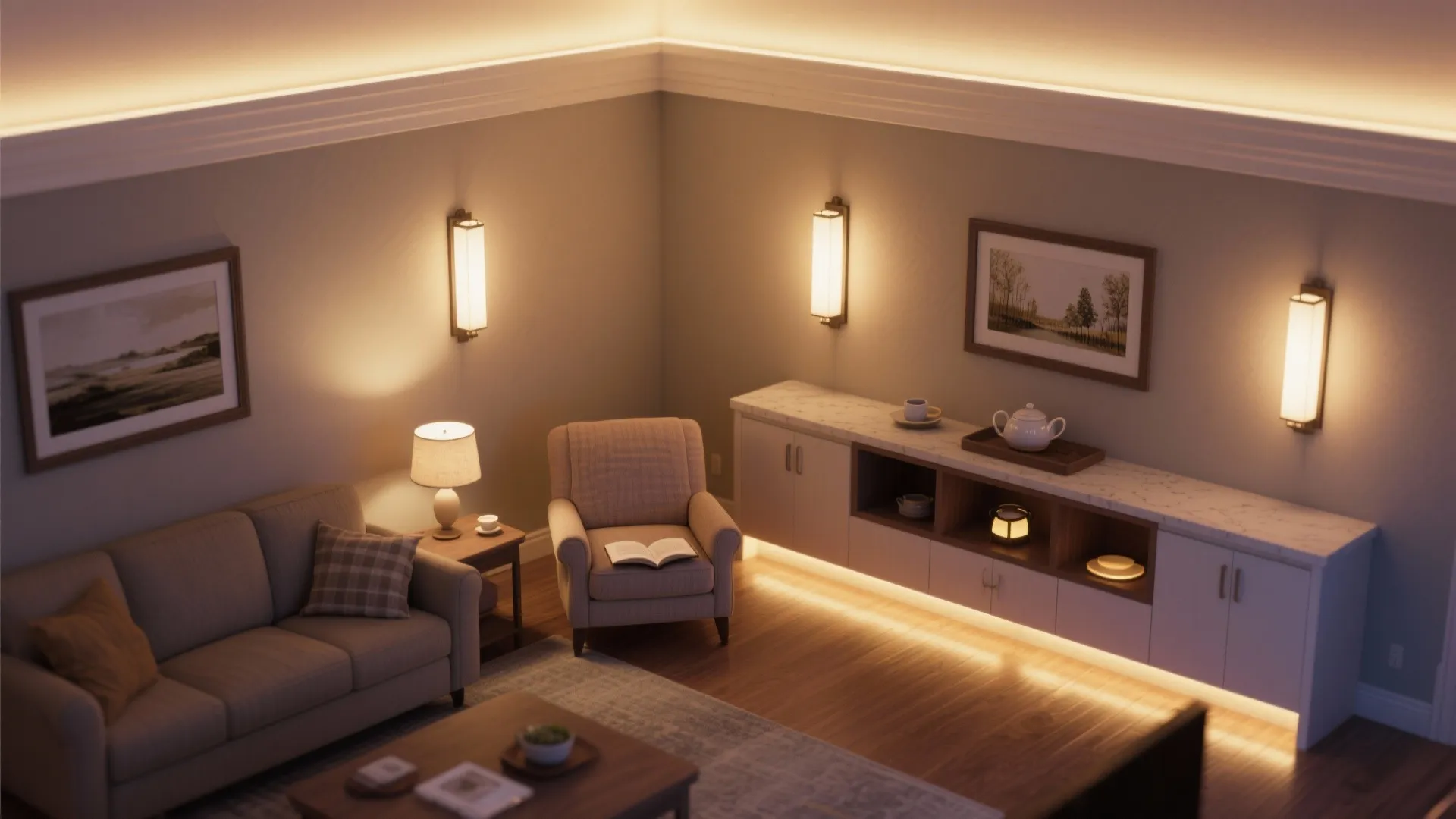 Modern living room with sofa and cabinet featuring warm wall lights and hidden ceiling lights