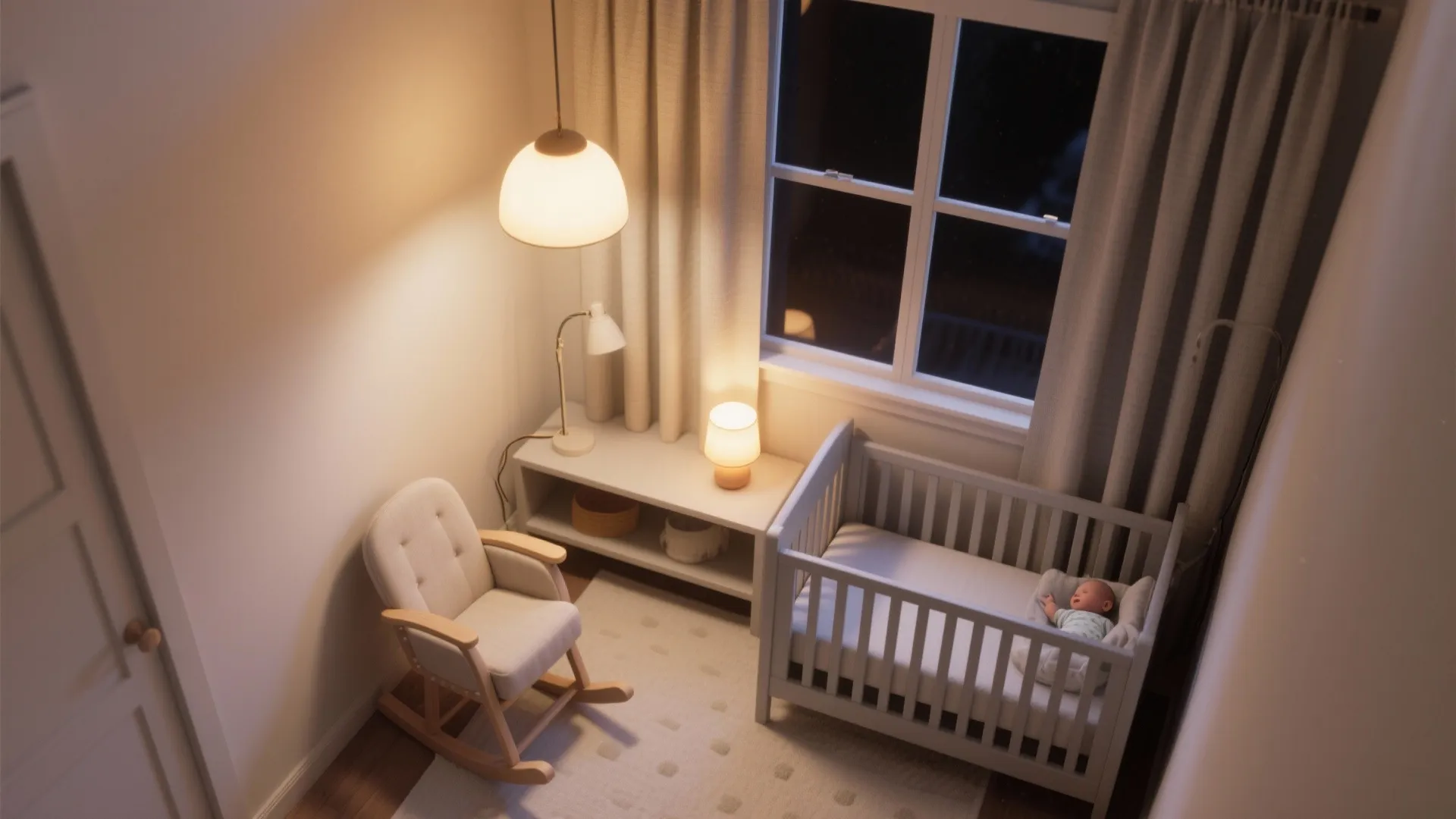 Top view of a baby room with rocking chair white bed and warm ceiling light