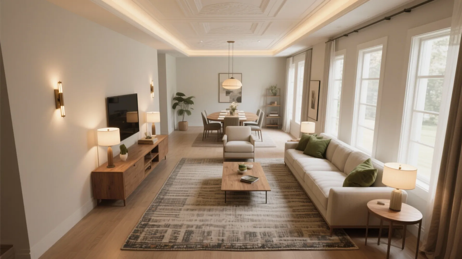 Rugs, ceiling details, and layered lighting