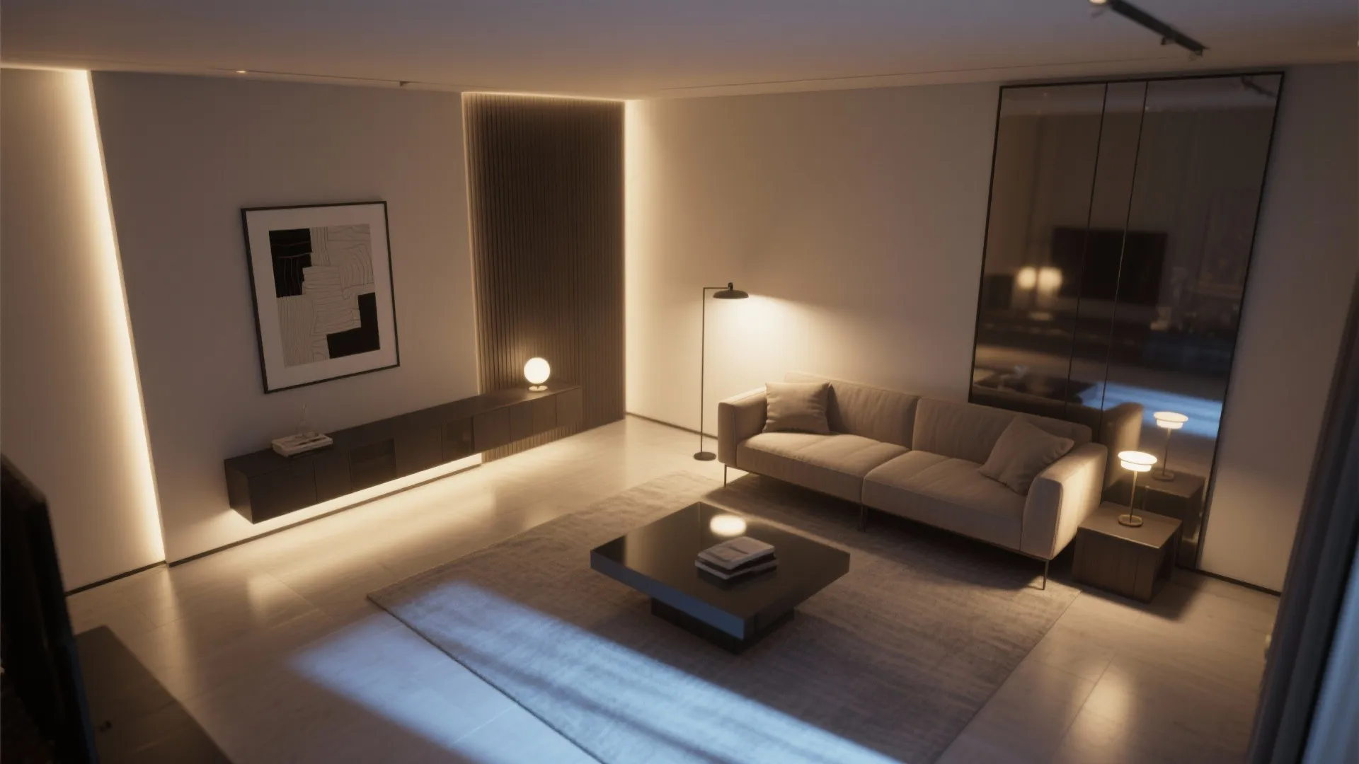 Top-down visualization of layered lighting with ambient glow and focused accents in a small living room.