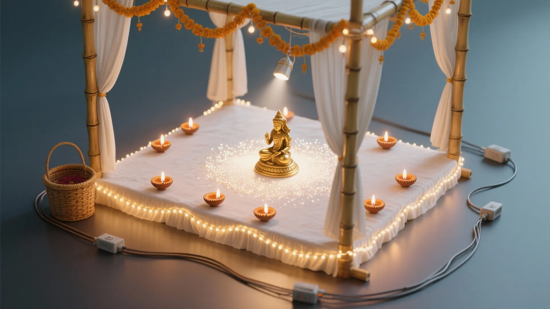 3) Layered Lighting: Diyas, Warm LEDs, and Accent Glow