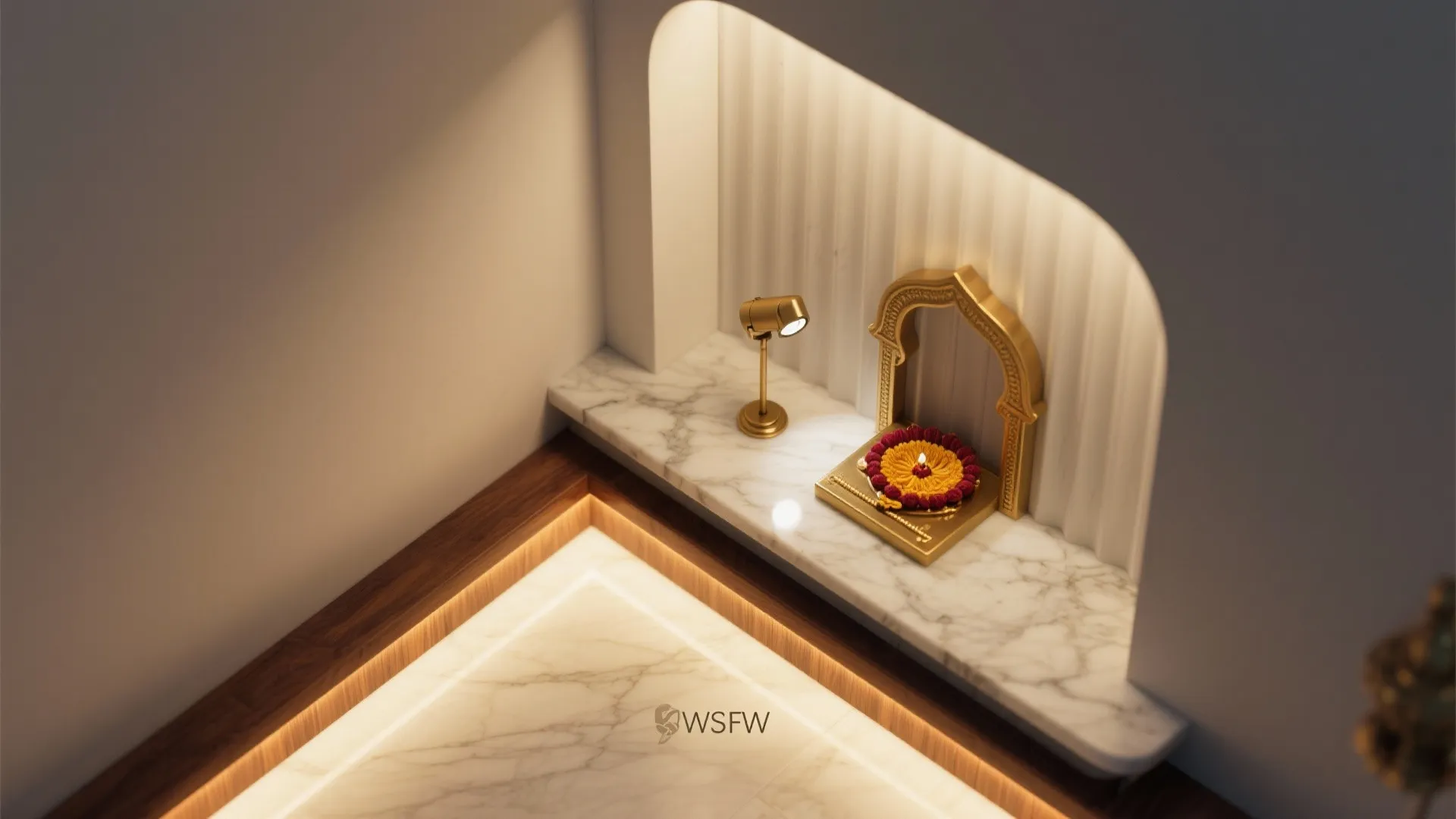 Top-down view of layered lighting in a pooja niche showing task, ambient, and accent glows without labels.