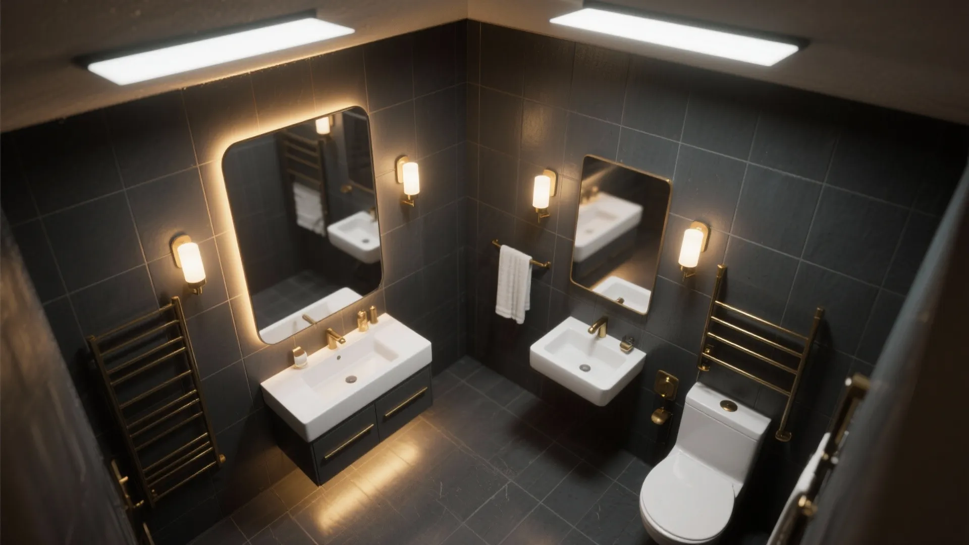 Layered lighting that flatters dark tiles