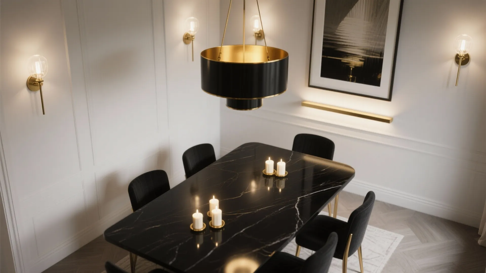Dining area with black marble table candles gold ceiling light wall lights and black chairs design