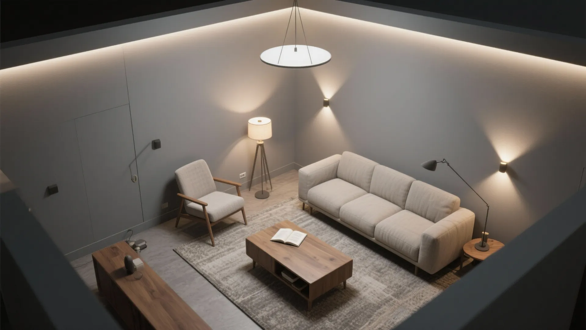 Top-down plan showing a gray living room with overhead, task, and accent lighting layers.