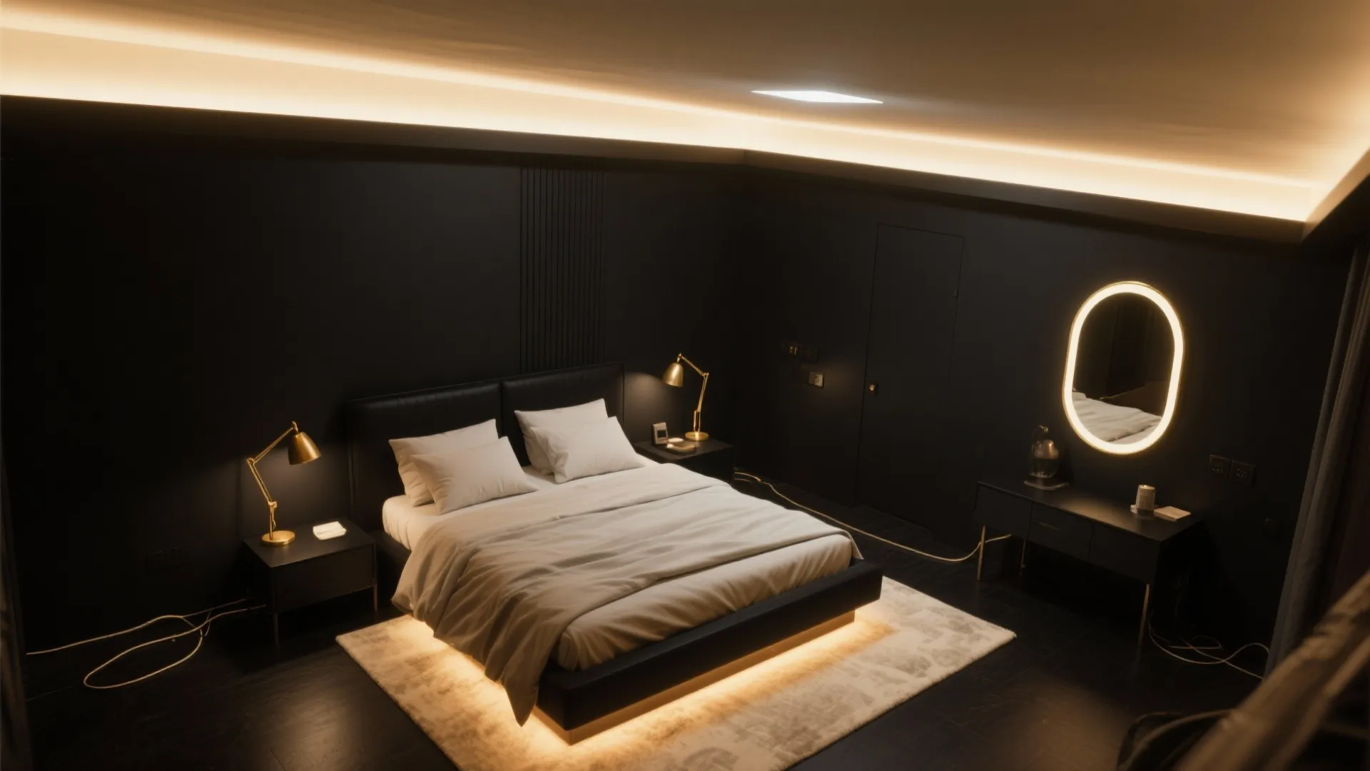 Modern dark bedroom with white bed, gold table lamps, glowing mirror, and warm hidden lighting