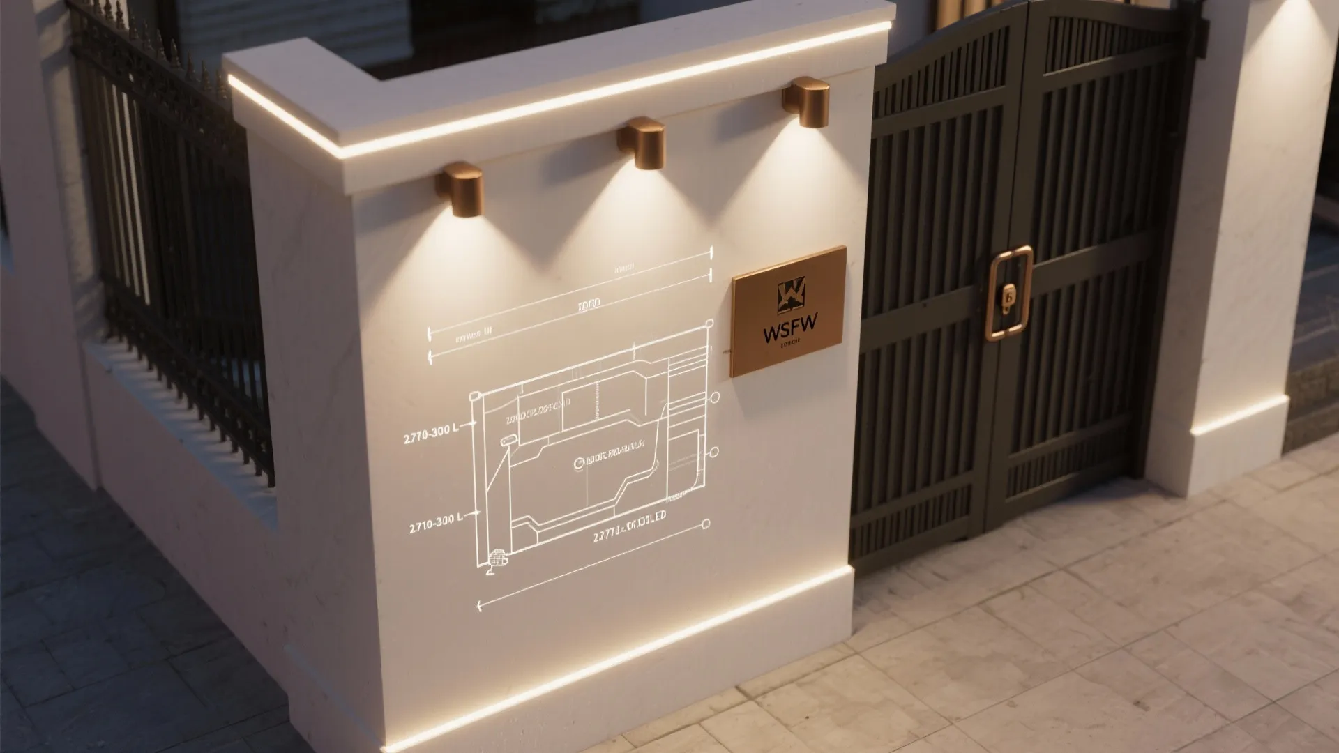 White wall with technical interior design drawing projected under three small gold colored wall lights