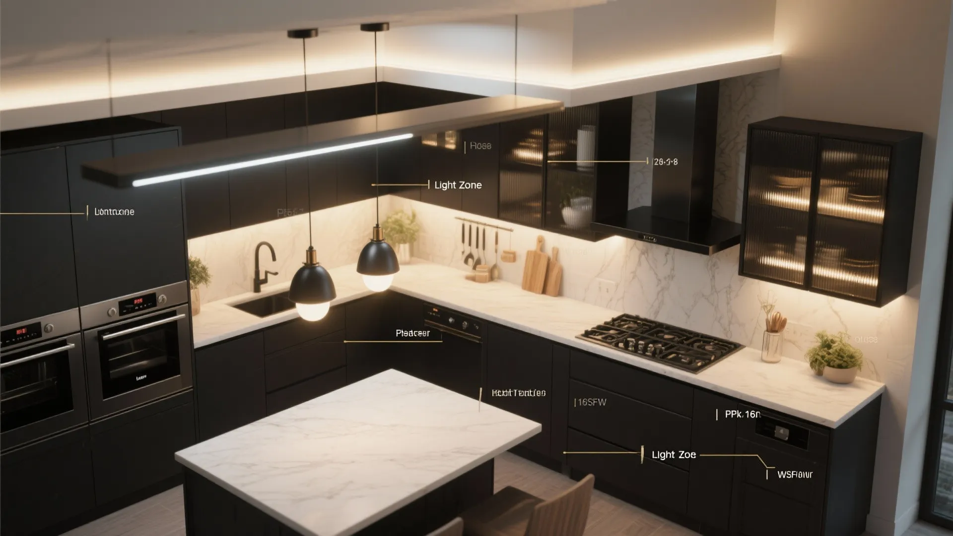 Top-down layout showing layered lighting zones for kitchens with black appliances to prevent lost task visibility.