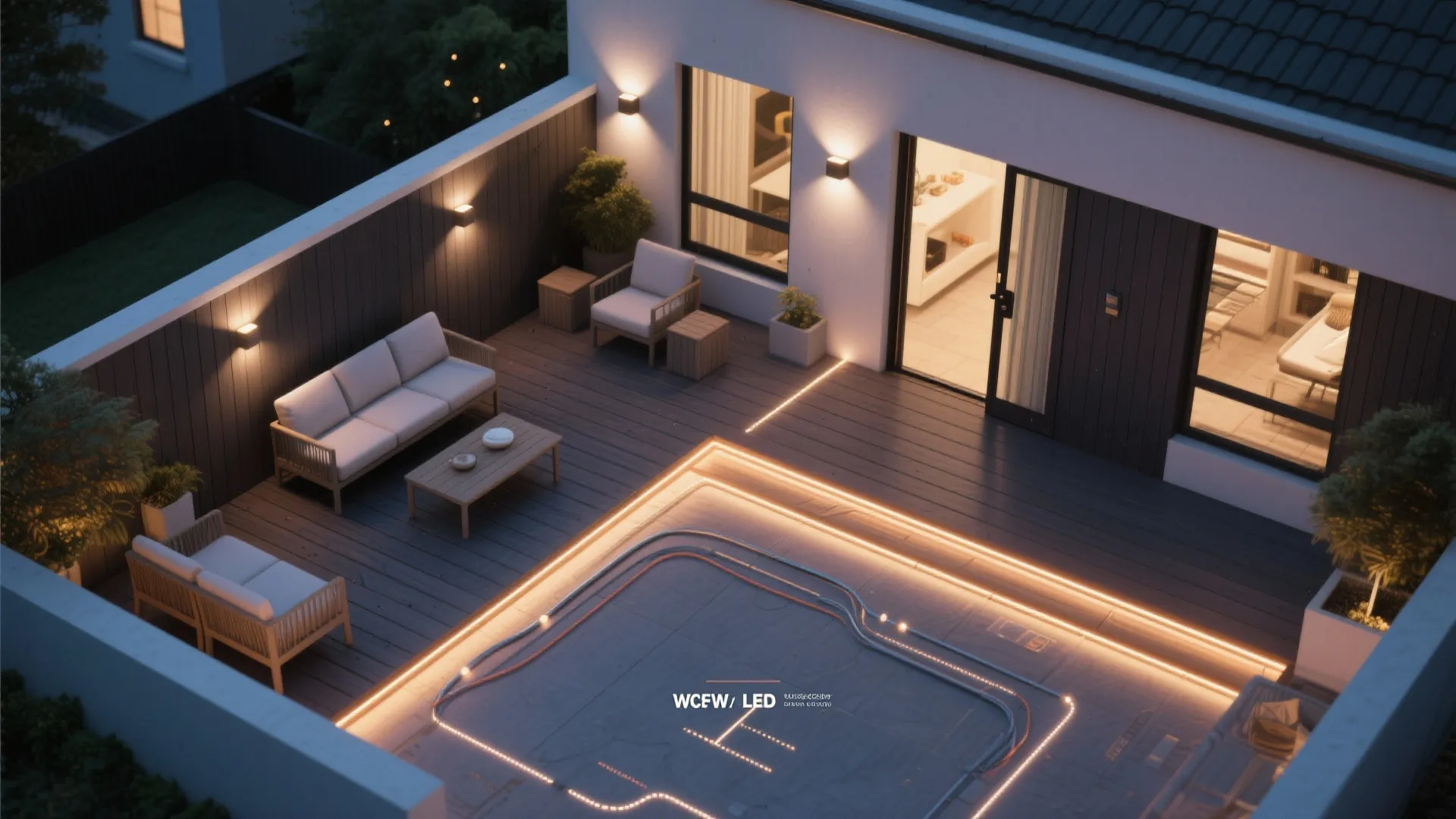 Textured cladding + LED wash for night-time character