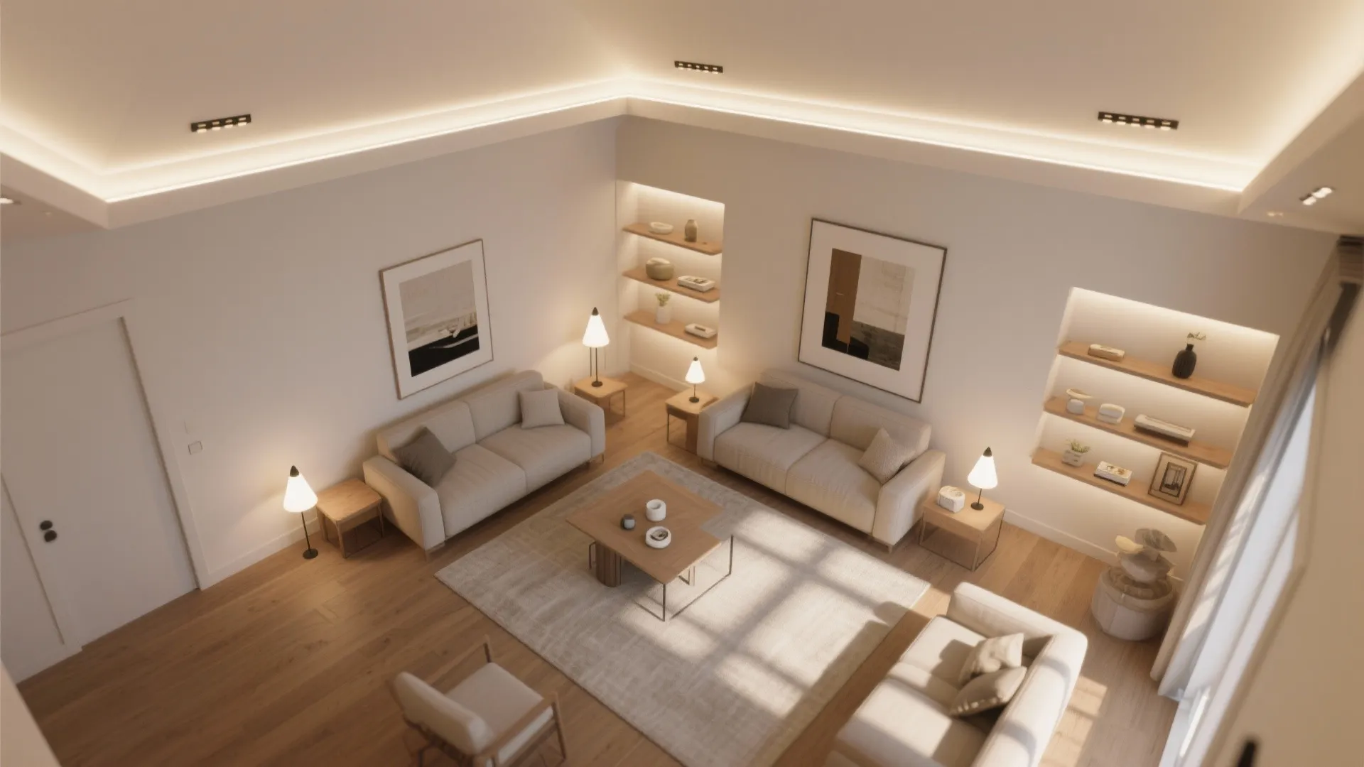 Top down view of a living room with sofas wooden floor area rug and recessed lighting