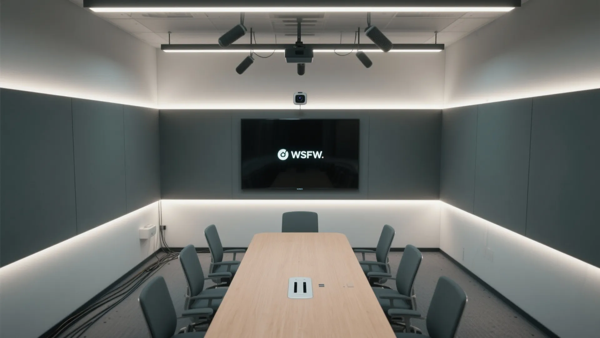 Meeting room with long wooden table, grey chairs, wall screen, and bright integrated wall lights
