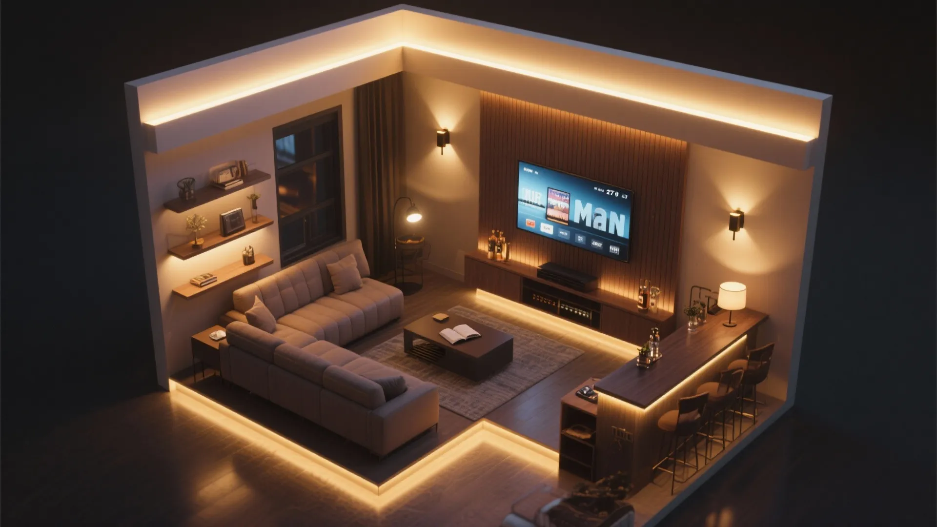 Layered, dimmable lighting for mood and function