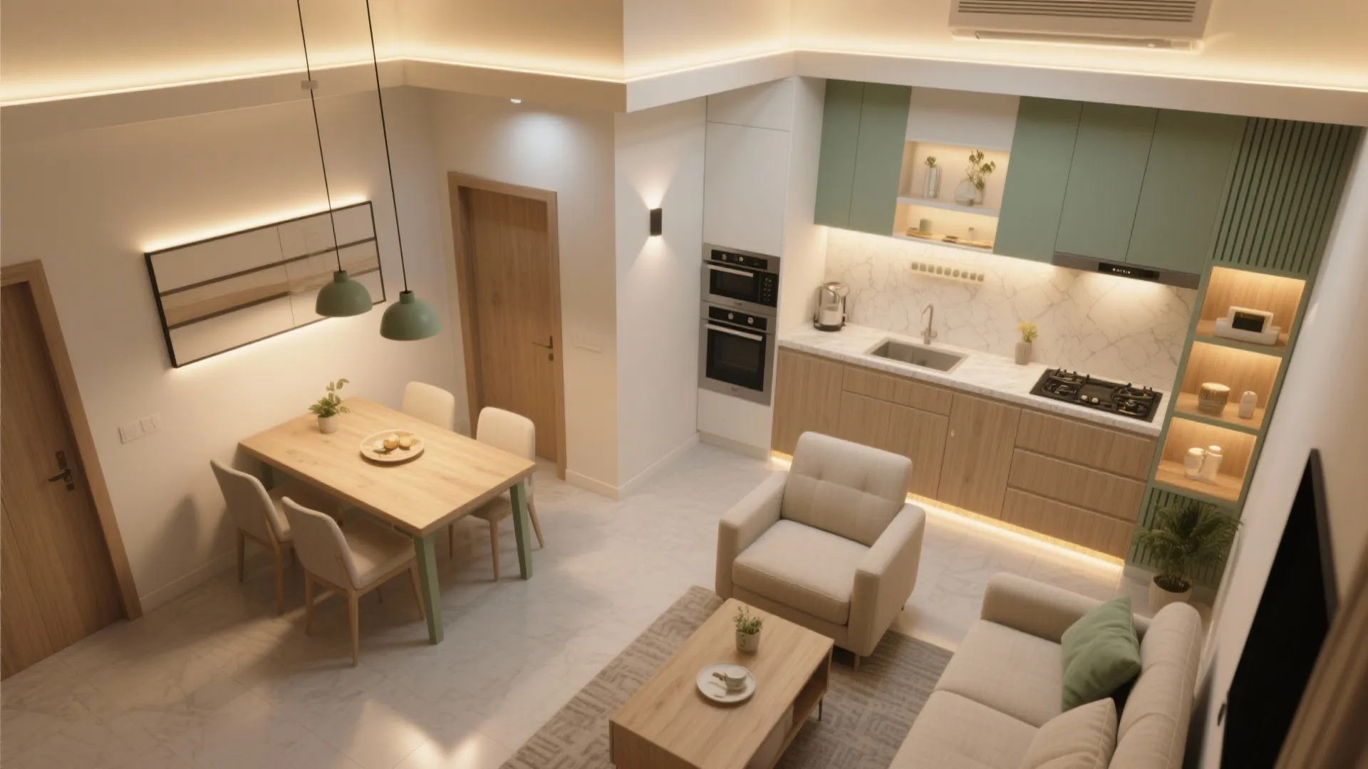 5) Layered lighting and a calming color code