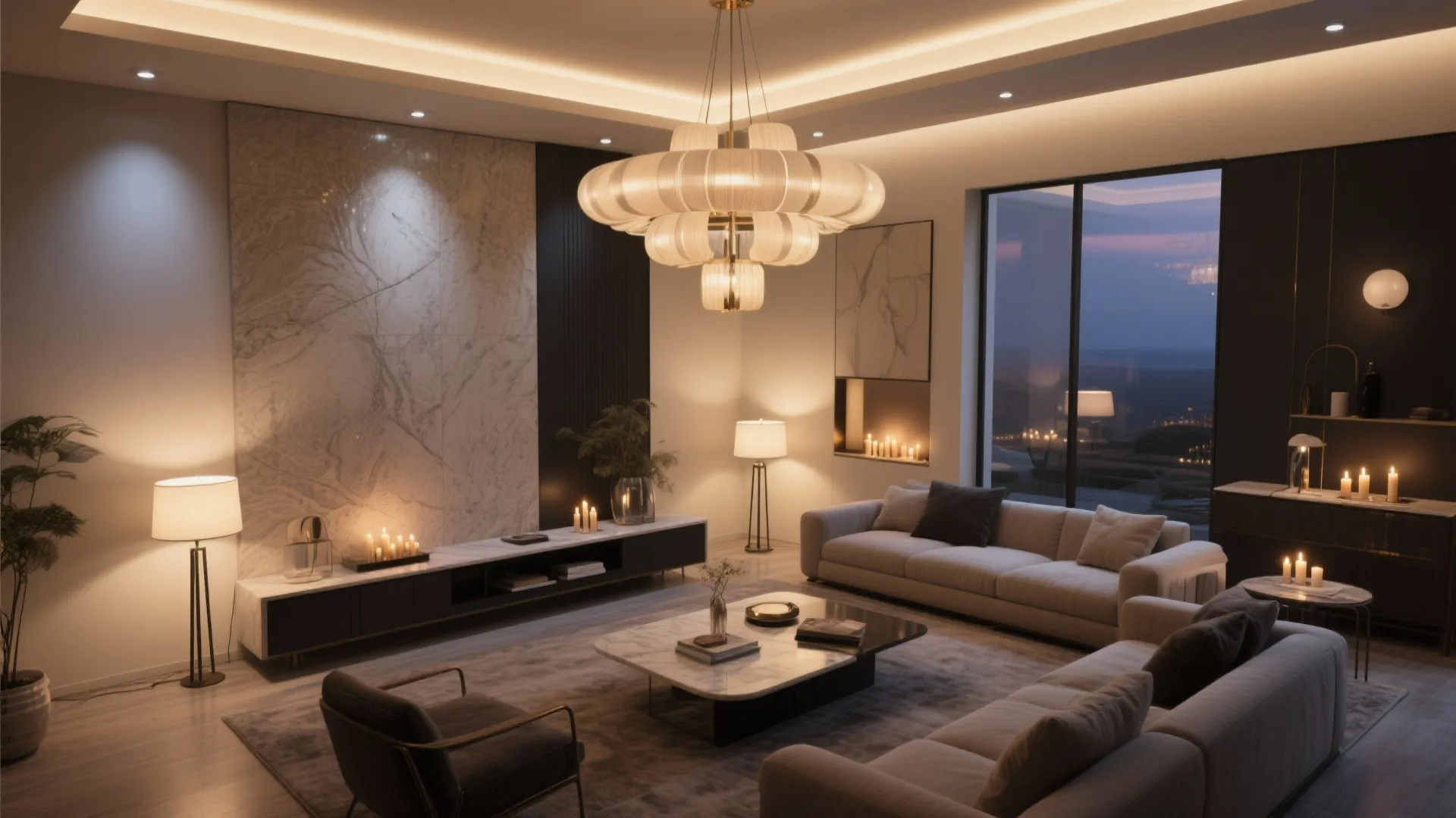 2) Statement lighting with dim-to-warm layers