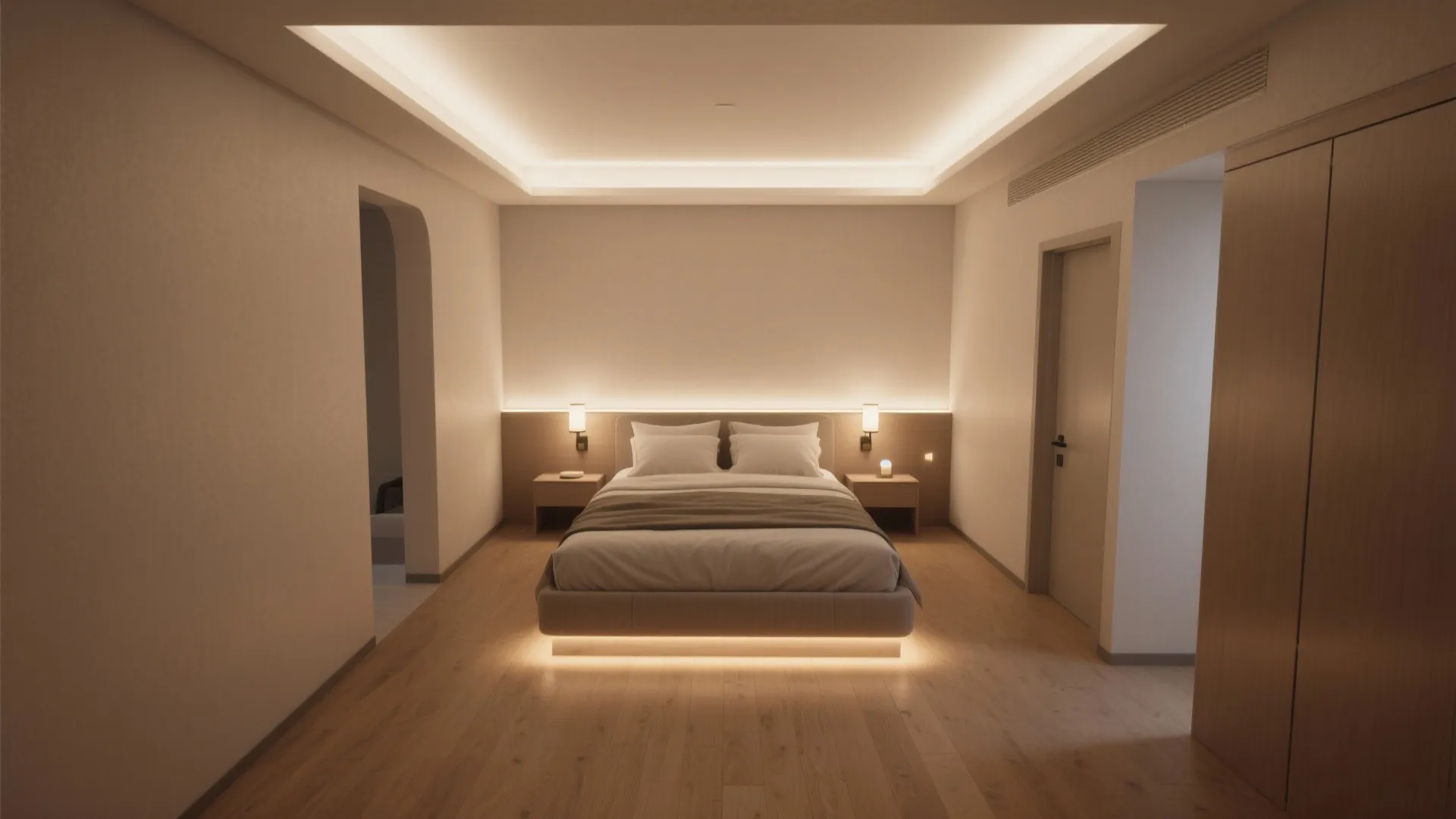 Modern bedroom with warm hidden ceiling light wooden floor beige walls and two bedside lamps