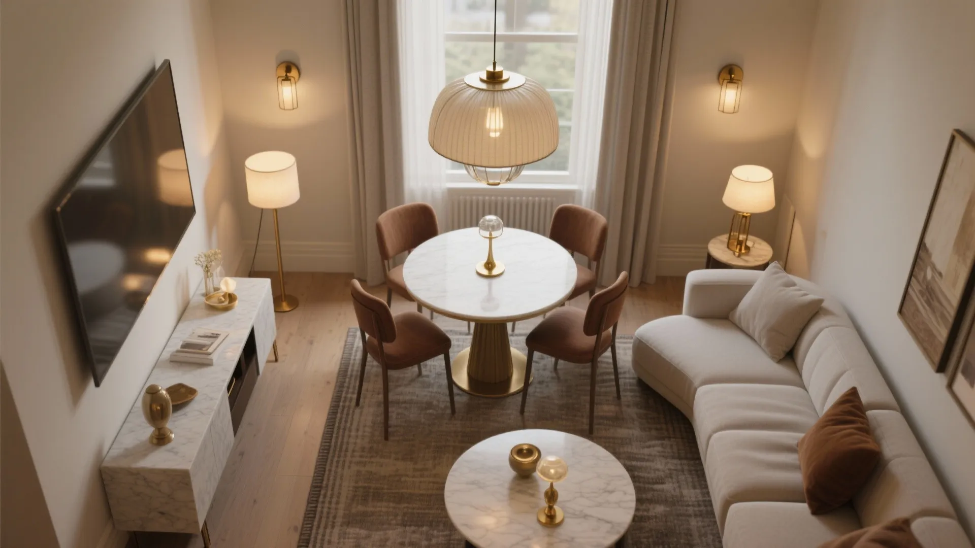 2) Layered lighting with a scaled statement piece