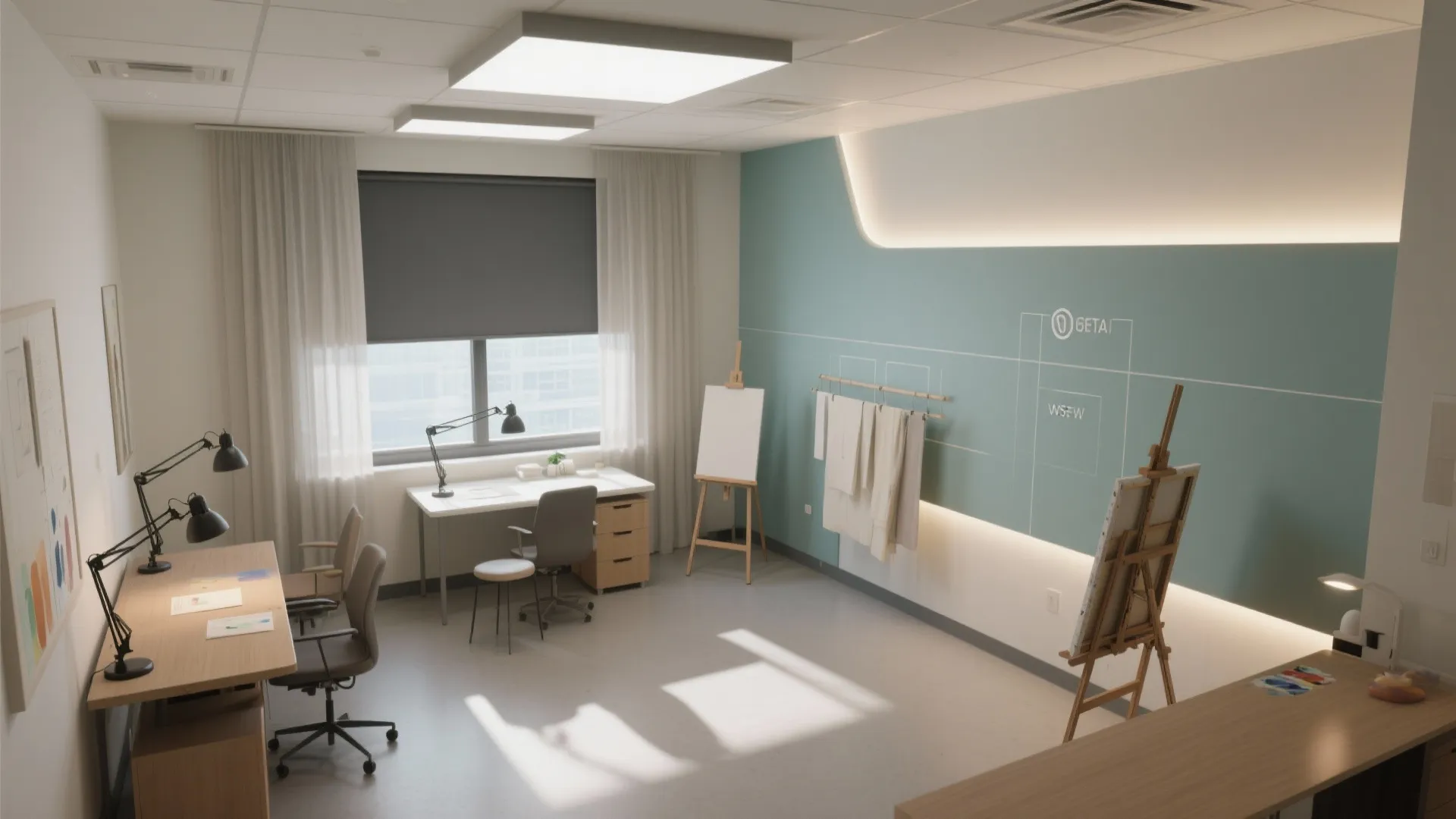 Top-down layout mockup showing layered daylight, task lamps, window placement and blackout shade zones for a studio.